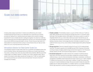 Increasing data storage requirements, IT infrastructure inefficiencies, and complex
troubleshooting techniques hinder your IT organization from supporting your business
priorities and meeting SLAs. Handling these growth patterns and constantly changing
requirements is now a complex exercise in scaling and migration. As a result, your staff may
find that supporting more workloads and getting the most from your computing and storage
resources are difficult and expensive goals to achieve. Transforming your data center from
siloed systems to virtual environments running on shared infrastructure can help you make
better use of your computing resources and personnel.
VersaStack Solution for Data Center Scale Out
The VersaStack Solution for Data Center Scale Out is a pretested and validated solution that
pools computing, network, and storage resources and allows you to easily meet demand.
The solution combines Cisco UCS, Cisco Nexus 9000 Series Switches, IBM Storwize V7000
Unified system, and VMware vSphere 5.5 Update 2 into a single, integrated system. With a
solution that is easy to scale, deploy, operate, and manage, your IT staff can quickly deliver
the IT infrastructure that your business needs and break down the barriers that limit IT
scalability and innovation.
•	 Flexible scalability: The VersaStack solution can grow and flex so that your IT staff can
easily deploy, allocate, and use computing and storage resources on a moment’s notice.
Each layer of the VersaStack solution offers platform and resource options to scale the
integrated infrastructure up or down while continuing to support the features you use
and maintain best practices for connectivity. You can increase performance and capacity
(adding computing, network, and storage resources individually as needed), or you can
scale the infrastructure out if you need multiple consistent deployments (adding integrated
systems).
•	 Storage expansion: External virtualization allows the inclusion of your existing storage
resources. The system supports up to nine IBM Storwize V7000 Expansion Enclosures,
providing modular and highly scalable storage solutions that range from 240 TB physical
storage capacity and 480 TB of physical storage capacity in a clustered system.
•	 Accelerated deployment: The system abstracts the complexity of individual devices,
hypervisors, and virtual machines and automates management processes through a
unified and easy-to-use set of tools and interfaces. Automation, orchestration, and lifecycle
management capabilities simplify deployment and make it easy for your IT staff to integrate
IT infrastructure resources into your data center to address complex, time-consuming,
manual, and compartmentalized processes. Because the system knows how objects fit
together and can apply service profiles in a consistent manner, you can have confidence
that the right equipment is quickly and easily provisioned for your workloads.
Scale-out data centers
 