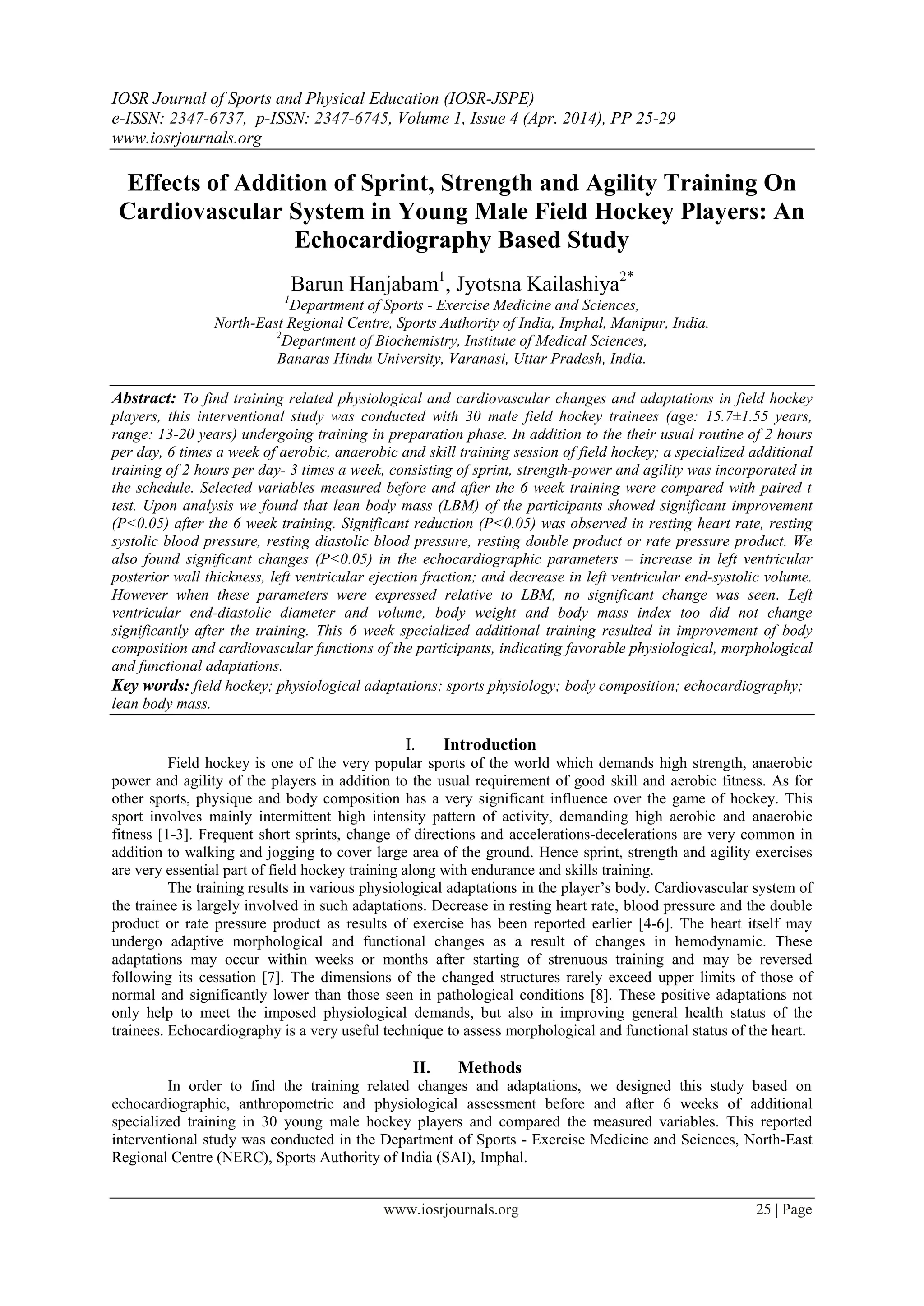Effects of Addition of Sprint, Strength and Agility Training On Cardiovascular System in Young