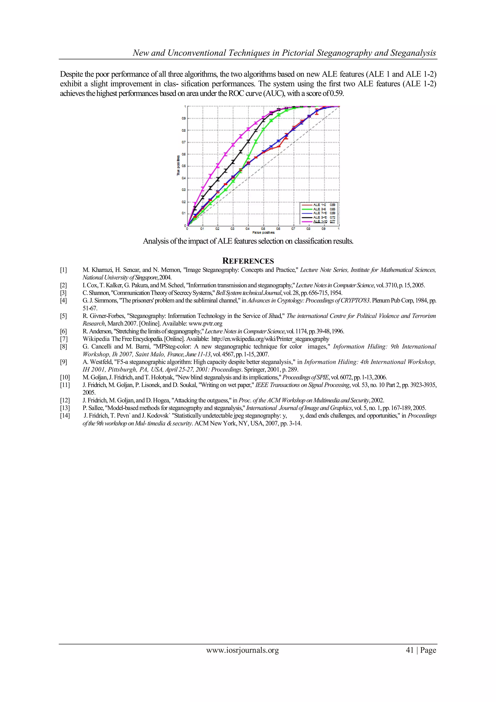 New and Unconventional Techniques in Pictorial Steganography and Steganalysis
www.iosrjournals.org 41 | Page
Despite the poor performance of all three algorithms, the two algorithms based on new ALE features (ALE 1 and ALE 1-2)
exhibit a slight improvement in clas- sification performances. The system using the first two ALE features (ALE 1-2)
achievesthehighest performancesbasedonareaundertheROCcurve(AUC), with ascoreof0.59.
Analysis oftheimpact ofALE featuresselection on classificationresults.
REFERENCES
[1] M. Kharrazi, H. Sencar, and N. Memon, "Image Steganography: Concepts and Practice," Lecture Note Series, Institute for Mathematical Sciences,
NationalUniversity ofSingapore,2004.
[2] I.Cox,T.Kalker,G. Pakura,andM.Scheel,"Informationtransmissionandsteganography,"LectureNotesinComputerScience,vol.3710,p.15,2005.
[3] C.Shannon,"CommunicationTheoryofSecrecySystems,"BellSystemtechnicalJournal,vol.28,pp.656-715,1954.
[4] G.J.Simmons,"Theprisoners'problemandthe subliminal channel,"inAdvances in Cryptology:ProceedingsofCRYPTO'83.PlenumPubCorp,1984,pp.
51-67.
[5] R. Givner-Forbes, "Steganography: Information Technology in the Service of Jihad," The international Centre for Political Violence and Terrorism
Research, March2007.[Online]. Available: www.pvtr.org
[6] R.Anderson,"Stretchingthelimitsofsteganography,"LectureNotesinComputerScience,vol.1174,pp.39-48,1996.
[7] Wikipedia TheFreeEncyclopedia.[Online].Available: http://en.wikipedia.org/wiki/Printer_steganography
[8] G. Cancelli and M. Barni, "MPSteg-color: A new steganographic technique for color images," Information Hiding: 9th International
Workshop, Ih 2007, Saint Malo, France,June11-13,vol.4567,pp.1-15,2007.
[9] A. Westfeld, "F5-a steganographic algorithm: High capacity despite better steganalysis," in Information Hiding: 4th International Workshop,
IH 2001, Pittsburgh, PA, USA, April25-27, 2001: Proceedings. Springer,2001,p.289.
[10] M.Goljan,J.Fridrich,andT.Holotyak,"Newblind steganalysisanditsimplications," ProceedingsofSPIE,vol.6072,pp.1-13,2006.
[11] J. Fridrich, M. Goljan, P. Lisonek, and D. Soukal, "Writing on wet paper," IEEE Transactions on Signal Processing,vol. 53,no. 10 Part2, pp. 3923-3935,
2005.
[12] J. Fridrich, M.Goljan,and D.Hogea, "Attackingthe outguess,"in Proc.ofthe ACM WorkshoponMultimediaandSecurity,2002.
[13] P.Sallee,"Model-basedmethods for steganographyand steganalysis,"International JournalofImageandGraphics,vol.5,no.1,pp.167-189,2005.
[14] J.Fridrich,T. Pevn`andJ.Kodovsk` "Statisticallyundetectablejpeg steganography: y, y, dead ends challenges, and opportunities," in Proceedings
ofthe9thworkshoponMul-timedia &security. ACM New York,NY, USA, 2007, pp. 3-14.
 