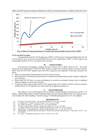 Effect of LVOF sprayed coating in Oxidation & Hot Corrosion performance of Boiler Steel SA-192 at
www.irjes.com 37 | Page
Fig: 3.4 Hot Corrosion performance of Coated and Uncoated Boiler Steel SA-192 at 9500
C.
3.2 In case Hot Corrosion
Uncoated Boiler Steel SA-192 Weight gain at 8500
C is 185.96 mg/cm2
and Coated Boiler Steel SA-192
is 20.59 mg/cm2
up to 50 cycles. Uncoated Boiler Steel SA-192 weight gains at 9500
C is 390.10 mg/cm2
and
Coated Boiler Steel SA-192 is 31.28 mg/cm2
up to 50 cycles.
IV. CONCLUSION
In the present investigation, oxidation and hot corrosion tests of Boiler Steel SA-192 have been
carried out at the temperatures of 8500
C & 9500
C. Further to improve the oxidation and hot corrosion resistance
Boiler Steel SA-192, LVOF sprayed Al2O3+40%TiO2 coating has been deposited. Following conclusions are
drawn:
 When we increase the temperature then corrosion rate also increase.
 Boiler Steel SA-192 shows poor performance for oxidising environment because there is higher weight gain
up to 50 cycles.
 Boiler Steel SA-192 shows very poor performance for corrosive environment because there is spallation
behaviour appears in cycles up to 50 cycles.
 Coating has shown approximately 90% & 92% improvement in the oxidation and hot corrosion resistance
of Boiler Steel SA-192 superalloy have been observed by applying coating on it.
V. Acknowledgement
The authors are very much thankful to Mr. K Ramesh, General Manager (Commercial), and Mr. I S N
Murthy, Mishra Dhatu Nigam Limited, Hyderabad (India), for providing the Boiler Steel. For coating process I
want to thanks Mr. Rohit Upadhyay “General manager” of Metallizing Equipment Co. Pvt. Ltd. Jodhpur.
REFERENCES
[1] H. Singh, D. Puri and S. Prakash , “Advance Material Science” ,Vol. 16 , pp. 27-50,2007
[2] R. A. Rapp and Y. S. Zhang, ”Corrosion Science ”, Vol . 47, pp. 67-72,1994
[3] K.L. Luthra, H.S. Spacil, J. , “Electrochem. Soc” Vol. 129 ,pp. 649,1982
[4] N. Eliaz, G. Shemesh, R.M. Latanision , “Engg. Fail. Analysis”. Vol. 9 , pp. 31-33,2002
[5] T. S. Sidhu, S. Prakash, R.D. Agrawal, “Material Science & Engg.”, Vol No. 445, pp. 210-218,2007
[6] Subhash kamal , R jayaganthan and S prakash , “Material Science”,Vol. 33, , pp. 299–306, 2010
[7] Deepa Mudgal , Surendra Singh and Satya Prakash, “Minerals and materials characterization & engineering”, Vol No. 11, pp.
211-219,2012
[8] K.L. Luthra, , “Metallurgical transaction” Vol No. 13 A, pp. 114-118, 1982
0
50
100
150
200
250
300
350
400
450
0 10 20 30 40 50 60
Weightgain(mg/cm2)
Number of cycle
Uncoated 950C
Coated 950C
Spallation behaviour 5-9 cycles
 