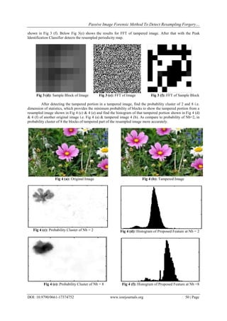 Passive Image Forensic Method To Detect Resampling Forgery…
DOI: 10.9790/0661-17374752 www.iosrjournals.org 50 | Page
shown in Fig 3 (f). Below Fig 3(e) shows the results for FFT of tampered image. After that with the Peak
Identification Classifier detects the resampled periodicity map.
Fig 3 (d): Sample Block of Image Fig 3 (e): FFT of Image Fig 3 (f): FFT of Sample Block
After detecting the tampered portion in a tampered image, find the probability cluster of 2 and 8 i.e.
dimension of statistics, which provides the minimum probability of blocks to show the tampered portion from a
resampled image shown in Fig 4 (c) & 4 (e) and find the histogram of that tampered portion shown in Fig 4 (d)
& 4 (f) of another original image i.e. Fig 4 (a) & tampered image 4 (b). As compare to probability of Nb=2, in
probability cluster of 8 the blocks of tampered part of the resampled image more accurately.
Fig 4 (a): Original Image
Fig 4 (c): Probability Cluster of Nb = 2
Fig 4 (b): Tampered Image
Fig 4 (d): Histogram of Proposed Feature at Nb = 2
Fig 4 (e): Probability Cluster of Nb = 8 Fig 4 (f): Histogram of Proposed Feature at Nb =8
 