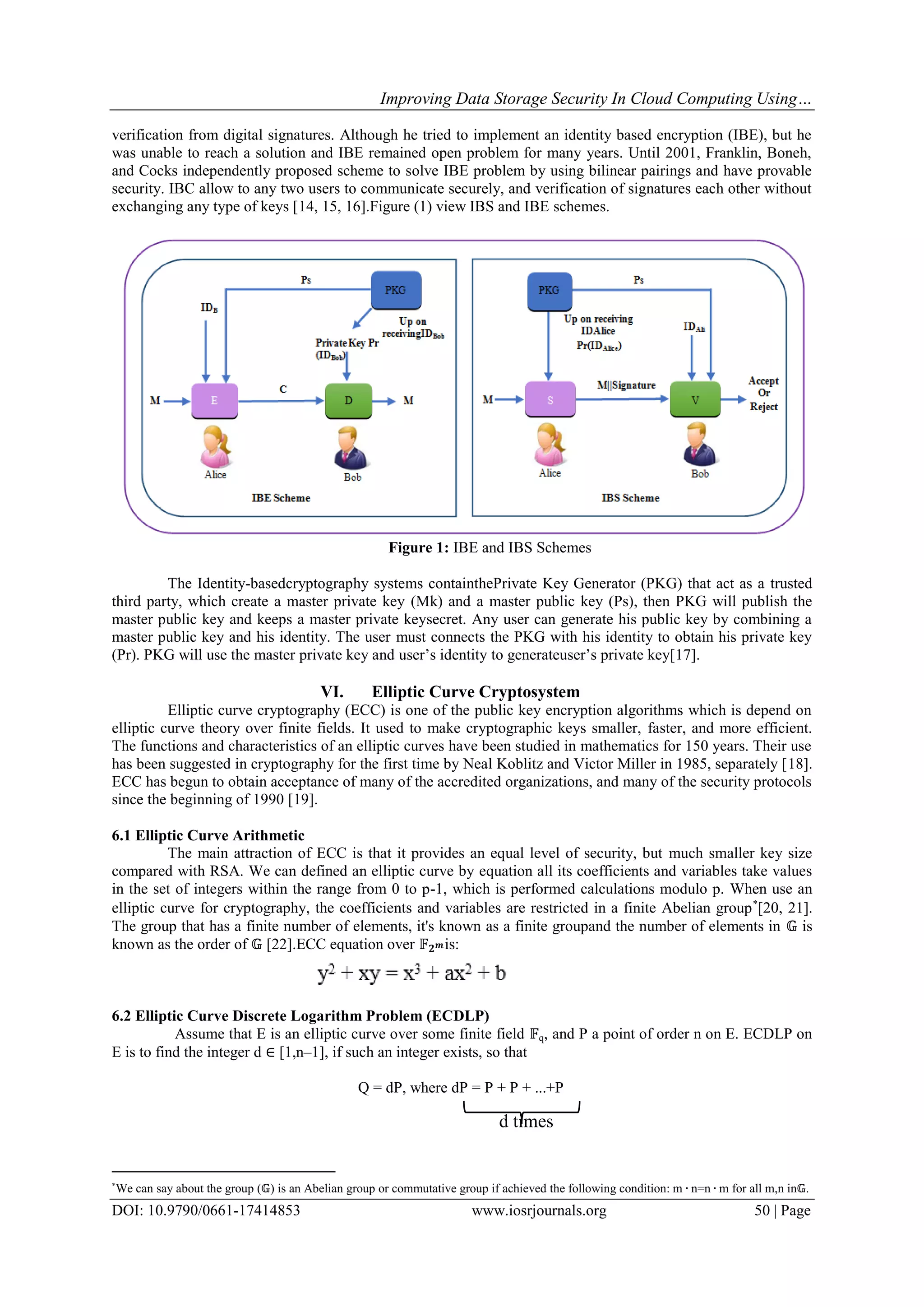 Improving Data Storage Security In Cloud Computing Using…
DOI: 10.9790/0661-17414853 www.iosrjournals.org 50 | Page
verification from digital signatures. Although he tried to implement an identity based encryption (IBE), but he
was unable to reach a solution and IBE remained open problem for many years. Until 2001, Franklin, Boneh,
and Cocks independently proposed scheme to solve IBE problem by using bilinear pairings and have provable
security. IBC allow to any two users to communicate securely, and verification of signatures each other without
exchanging any type of keys [14, 15, 16].Figure (1) view IBS and IBE schemes.
Figure 1: IBE and IBS Schemes
The Identity-basedcryptography systems containthePrivate Key Generator (PKG) that act as a trusted
third party, which create a master private key (Mk) and a master public key (Ps), then PKG will publish the
master public key and keeps a master private keysecret. Any user can generate his public key by combining a
master public key and his identity. The user must connects the PKG with his identity to obtain his private key
(Pr). PKG will use the master private key and user’s identity to generateuser’s private key[17].
VI. Elliptic Curve Cryptosystem
Elliptic curve cryptography (ECC) is one of the public key encryption algorithms which is depend on
elliptic curve theory over finite fields. It used to make cryptographic keys smaller, faster, and more efficient.
The functions and characteristics of an elliptic curves have been studied in mathematics for 150 years. Their use
has been suggested in cryptography for the first time by Neal Koblitz and Victor Miller in 1985, separately [18].
ECC has begun to obtain acceptance of many of the accredited organizations, and many of the security protocols
since the beginning of 1990 [19].
6.1 Elliptic Curve Arithmetic
The main attraction of ECC is that it provides an equal level of security, but much smaller key size
compared with RSA. We can defined an elliptic curve by equation all its coefficients and variables take values
in the set of integers within the range from 0 to p-1, which is performed calculations modulo p. When use an
elliptic curve for cryptography, the coefficients and variables are restricted in a finite Abelian group
[20, 21].
The group that has a finite number of elements, it's known as a finite groupand the number of elements in 𝔾 is
known as the order of 𝔾 [22].ECC equation over 𝔽 𝟐 𝒎is:
6.2 Elliptic Curve Discrete Logarithm Problem (ECDLP)
Assume that E is an elliptic curve over some finite field 𝔽q, and P a point of order n on E. ECDLP on
E is to find the integer d ∈ [1,n–1], if such an integer exists, so that
Q = dP, where dP = P + P + ...+P

We can say about the group (𝔾) is an Abelian group or commutative group if achieved the following condition: m ∙ n=n ∙ m for all m,n in𝔾.
d times
 