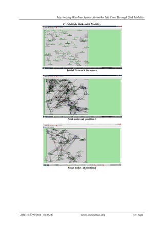 Maximizing Wireless Sensor Networks Life Time Through Sink Mobility
DOI: 10.9790/0661-17544247 www.iosrjournals.org 45 | Page
C . Multiple Sinks with Mobility
Initial Network Structure
Sink nodes at position1
Sinks nodes at position2
 