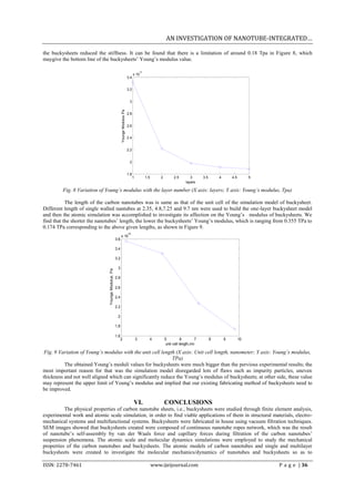 AN INVESTIGATION OF NANOTUBE-INTEGRATED…

the buckysheets reduced the stiffness. It can be found that there is a limitation of around 0.18 Tpa in Figure 8, which
maygive the bottom line of the buckysheets’ Young’s modulus value.

                                                                                            11
                                                                                    x 10
                                                                              3.4


                                                                              3.2


                                                                               3




                                                          Youngs Modulus Pa
                                                                              2.8


                                                                              2.6


                                                                              2.4


                                                                              2.2


                                                                               2


                                                                              1.8
                                                                                    1            1.5       2         2.5        3      3.5       4       4.5        5
                                                                                                                             layers

         Fig. 8 Variation of Young’s modulus with the layer number (X axis: layers; Y axis: Young’s modulus, Tpa)

           The length of the carbon nanotubes was is same as that of the unit cell of the simulation model of buckysheet.
Different length of single walled nantubes at 2.35, 4.8,7.25 and 9.7 nm were used to build the one-layer buckysheet model
and then the atomic simulation was accomplished to investigate its affection on the Young’s modulus of buckysheets. We
find that the shorter the nanotubes’ length, the lower the buckysheets’ Young’s modulus, which is ranging from 0.355 TPa to
0.174 TPa corresponding to the above given lengths, as shown in Figure 9.
                                                                              10
                                                          x 10
                                                    3.6

                                                    3.4

                                                    3.2

                                                     3
                               Youngs Modulus, Pa




                                                    2.8

                                                    2.6

                                                    2.4

                                                    2.2

                                                     2

                                                    1.8

                                                    1.6
                                                          2                             3          4           5           6       7         8       9         10
                                                                                                                unit cell length,nm

 Fig. 9 Variation of Young’s modulus with the unit cell length (X axis: Unit cell length, nanometer; Y axis: Young’s modulus,
                                                             TPa)
          The obtained Young’s moduli values for buckysheets were much bigger than the pervious experimental results; the
most important reason for that was the simulation model disregarded lots of flaws such as impurity particles, uneven
thickness and not well aligned which can significantly reduce the Young’s modulus of buckysheets; at other side, these value
may represent the upper limit of Young’s modulus and implied that our existing fabricating method of buckysheets need to
be improved.

                                                                                    VI.                        CONCLUSIONS
          The physical properties of carbon nanotube sheets, i.e., buckysheets were studied through finite element analysis,
experimental work and atomic scale simulation, in order to find viable applications of them in structural materials, electro-
mechanical systems and multifunctional systems. Buckysheets were fabricated in house using vacuum filtration techniques.
SEM images showed that buckysheets created were composed of continuous nanotube ropes network, which was the result
of nanotube’s self-assembly by van der Waals force and capillary forces during filtration of the carbon nanotubes’
suspension phenomena. The atomic scale and molecular dynamics simulations were employed to study the mechanical
properties of the carbon nanotubes and buckysheets. The atomic models of carbon nanotubes and single and multilayer
buckysheets were created to investigate the molecular mechanics/dynamics of nunotubes and buckysheets so as to

ISSN: 2278-7461                                                                                        www.ijeijournal.com                                              P a g e | 36
 