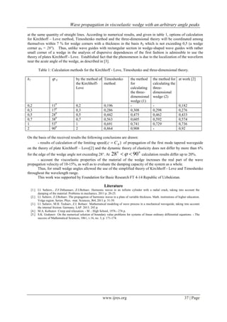 Wave propagation in viscoelastic wedge with an arbitrary angle peaks
www.ijres.org 37 | Page
at the same quantity of straight lines. According to numerical results, and given in table 1, options of calculation
for Kirchhoff – Love method, Timoshenko method and the three-dimensional theory will be coordinated among
themselves within 7 % for wedge corners with a thickness in the basis h2 which is not exceeding 0,5 (a wedge
corner φ0 = 28°). Thus, unlike wave guides with rectangular section in wedge-shaped wave guides with rather
small corner of a wedge in the analysis of dispersive dependences of the first fashion is admissible to use the
theory of plates Kirchhoff - Love. Established fact that the phenomenon is due to the localization of the waveform
near the acute angle of the wedge, as described in [3].
Table 1: Calculation methods for the Kirchhoff - Love, Timoshenko and three-dimensional theory.
h2  0 by the method of
the Kirchhoff-
Love
Timoshenko
method
the method
for
calculating
the three-
dimensional
wedge (1)
the method for
calculating the
three-
dimensional
wedge (2)
at work [2]
0,2 110
0,2 0,196 - - 0,182
0,3 170
0,3 0,286 0,308 0,298 0,276
0,5 280
0,5 0,442 0,475 0,462 0,433
0,7 380
0,7 0,563 0,605 0,592 0,574
1 530
1 0,691 0,741 0,729 0,736
2 900
2 0,864 0,908 - 0,92
On the basis of the received results the following conclusions are drawn:
- results of calculation of the limiting speed( RCс  ) of propagation of the first mode tapered waveguide
on the theory of plate Kirchhoff – Love[2] and the dynamic theory of elasticity does not differ by more than 6%
for the edge of the wedge angle not exceeding 28°. At
00
9028  calculation results differ up to 20%.
- account the viscoelastic properties of the material of the wedge increases the real part of the wave
propagation velocity of 10-15%, as well as to evaluate the damping capacity of the system as a whole.
Thus, for small wedge angles allowed the use of the simplified theory of Kirchhoff - Love and Timoshenko
throughout the wavelength range.
This work was supported by Foundation for Basic Research FT 4-14 Republic of Uzbekistan.
Literature
[1.] I.I. Safarov,. Z.F.Dzhumaev, Z.I.Boltaev. Harmonic waves in an infinite cylinder with a radial crack, taking into account the
damping of the material. Problems in mechanics. 2011 p. 20-25.
[2.] I.I. Safarov, Z.I.Boltaev. The propagation of harmonic waves in a plate of variable thickness. Math. institutions of higher education.
Volga region. Series: Phys. -mat. Sciences, №4, 2011 p. 31-39.
[3.] I.I. Safarov, M.H. Teshaev, Z.I. Boltaev Mathematical modeling of wave process in a mechanical waveguide, taking into account
the internal friction. Germany. LAP. 2013. 243 p.
[4.] M.A. Koltunov Creep and relaxation. - M .: High School, 1976.- 276 p.
[5.] S.K. Godunov On the numerical solution of boundary value problems for systems of linear ordinary differential equations. - The
success of Mathematical Sciences, 1061, v.16, no. 3, p. 171-174.
 