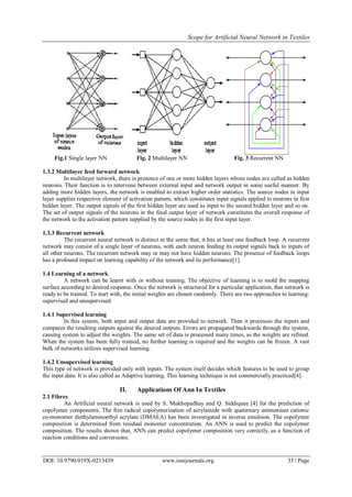 Scope for Artificial Neural Network in Textiles
DOI: 10.9790/019X-0213439 www.iosrjournals.org 35 | Page
Fig.1 Single layer NN Fig. 2 Multilayer NN Fig. 3 Recurrent NN
1.3.2 Multilayer feed forward network
In multilayer network, there is presence of one or more hidden layers whose nodes are called as hidden
neurons. Their function is to intervene between external input and network output in some useful manner. By
adding more hidden layers, the network is enabled to extract higher order statistics. The source nodes in input
layer supplies respective element of activation pattern, which constitutes input signals applied to neurons in first
hidden layer. The output signals of the first hidden layer are used as input to the second hidden layer and so on.
The set of output signals of the neurons in the final output layer of network constitutes the overall response of
the network to the activation pattern supplied by the source nodes in the first input layer.
1.3.3 Recurrent network
The recurrent neural network is distinct in the sense that, it has at least one feedback loop. A recurrent
network may consist of a single layer of neurons, with each neuron feeding its output signals back to inputs of
all other neurons. The recurrent network may or may not have hidden neurons. The presence of feedback loops
has a profound impact on learning capability of the network and its performance[1].
1.4 Learning of a network
A network can be learnt with or without training. The objective of learning is to mold the mapping
surface according to desired response. Once the network is structured for a particular application, that network is
ready to be trained. To start with, the initial weights are chosen randomly. There are two approaches to learning:
supervised and unsupervised.
1.4.1 Supervised learning
In this system, both input and output data are provided to network. Then it processes the inputs and
compares the resulting outputs against the desired outputs. Errors are propagated backwards through the system,
causing system to adjust the weights. The same set of data is processed many times, as the weights are refined.
When the system has been fully trained, no further learning is required and the weights can be frozen. A vast
bulk of networks utilizes supervised learning.
1.4.2 Unsupervised learning
This type of network is provided only with inputs. The system itself decides which features to be used to group
the input data. It is also called as Adaptive learning. This learning technique is not commercially practiced[4].
II. Applications Of Ann In Textiles
2.1 Fibres
An Artificial neural network is used by S. Mukhopadhay and Q. Siddiquee [4] for the prediction of
copolymer components. The free radical copolymerization of acrylamide with quaternary ammonium cationic
co-monomer diethylaminoethyl acrylate (DMAEA) has been investigated in inverse emulsion. The copolymer
composition is determined from residual monomer concentration. An ANN is used to predict the copolymer
composition. The results shown that, ANN can predict copolymer composition very correctly, as a function of
reaction conditions and conversions.
 