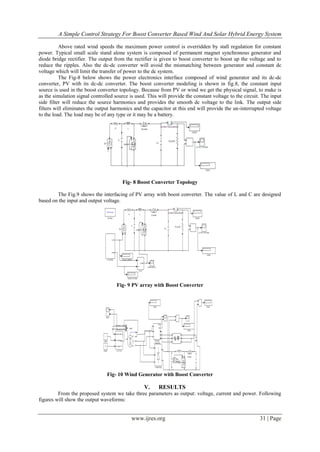 A Simple Control Strategy For Boost Converter Based Wind And Solar Hybrid Energy System
www.ijres.org 31 | Page
Above rated wind speeds the maximum power control is overridden by stall regulation for constant
power. Typical small scale stand alone system is composed of permanent magnet synchronous generator and
diode bridge rectifier. The output from the rectifier is given to boost converter to boost up the voltage and to
reduce the ripples. Also the dc-dc converter will avoid the mismatching between generator and constant dc
voltage which will limit the transfer of power to the dc system.
The Fig-8 below shows the power electronics interface composed of wind generator and its dc-dc
converter, PV with its dc-dc converter. The boost converter modeling is shown in fig.8, the constant input
source is used in the boost converter topology. Because from PV or wind we get the physical signal, to make is
as the simulation signal controlled source is used. This will provide the constant voltage to the circuit. The input
side filter will reduce the source harmonics and provides the smooth dc voltage to the link. The output side
filters will eliminates the output harmonics and the capacitor at this end will provide the un-interrupted voltage
to the load. The load may be of any type or it may be a battery.
Fig- 8 Boost Converter Topology
The Fig.9 shows the interfacing of PV array with boost converter. The value of L and C are designed
based on the input and output voltage.
Fig- 9 PV array with Boost Converter
Fig- 10 Wind Generator with Boost Converter
V. RESULTS
From the proposed system we take three parameters as output: voltage, current and power. Following
figures will show the output waveforms:
 