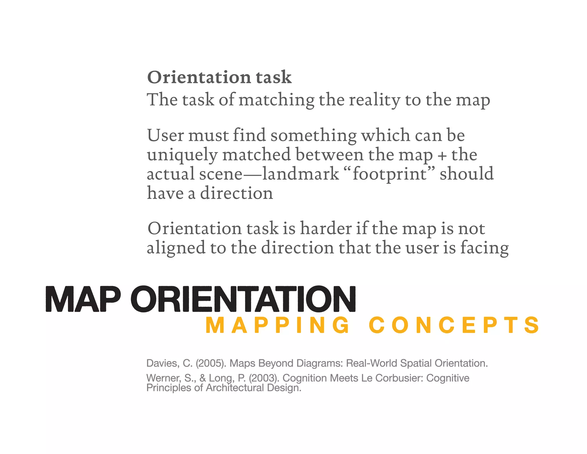 Orientation task
The task of matching the reality to the map
User must find something which can be
uniquely matched between the map + the
actual scene—landmark “footprint” should
have a direction
Davies, C. (2005). Maps Beyond Diagrams: Real-World Spatial Orientation.
Orientation task is harder if the map is not
aligned to the direction that the user is facing
Werner, S., & Long, P. (2003). Cognition Meets Le Corbusier: Cognitive
Principles of Architectural Design.
Werner, S., & Long, P. (2003). Cognition Meets Le Corbusier: Cognitive
Principles of Architectural Design.
Werner, S., & Long, P. (2003). Cognition Meets Le Corbusier: Cognitive
M A P P I N G C O N C E P T S
MAP ORIENTATION
 
