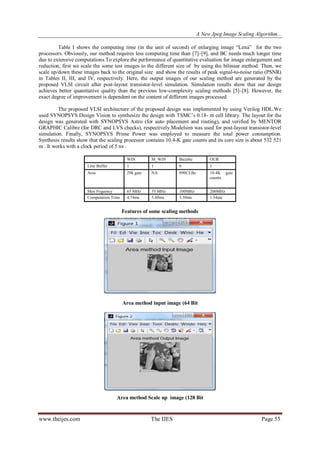 A New Jpeg Image Scaling Algorithm...
www.theijes.com The IJES Page 55
Table I shows the computing time (in the unit of second) of enlarging image “Lena” for the two
processors. Obviously, our method requires less computing time than [7]–[9], and BC needs much longer time
due to extensive computations.To explore the performance of quantitative evaluation for image enlargement and
reduction, first we scale the some test images to the different size of by using the bilinear method. Then, we
scale up/down these images back to the original size and show the results of peak signal-to-noise ratio (PSNR)
in Tables II, III, and IV, respectively. Here, the output images of our scaling method are generated by the
proposed VLSI circuit after post-layout transistor-level simulation. Simulation results show that our design
achieves better quantitative quality than the previous low-complexity scaling methods [5]–[8]. However, the
exact degree of improvement is dependent on the content of different images processed
The proposed VLSI architecture of the proposed design was implemented by using Verilog HDL.We
used SYNOPSYS Design Vision to synthesize the design with TSMC‟s 0.18- m cell library. The layout for the
design was generated with SYNOPSYS Astro (for auto placement and routing), and verified by MENTOR
GRAPHIC Calibre (for DRC and LVS checks), respectively.Modelsim was used for post-layout transistor-level
simulation. Finally, SYNOPSYS Prime Power was employed to measure the total power consumption.
Synthesis results show that the scaling processor contains 10.4-K gate counts and its core size is about 532 521
m . It works with a clock period of 5 ns .
WIN M_WIN Bicubic OUR
Line Buffer 1 1 6 1
Area 29k gate NA 890CLBs 10.4K gate
counts
Max Frquency 65 MHz 55 MHz 100MHz 200MHz
Computation Time 4.74ms 5.60ms 3.50ms 1.54ms
Features of some scaling methods
Area method input image (64 Bit
Area method Scale up image (128 Bit
 