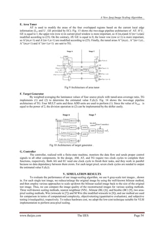 A New Jpeg Image Scaling Algorithm...
www.theijes.com The IJES Page 54
E. Area Tuner
AT is used to modify the areas of the four overlapped regions based on the current local edge
information (LA and U _GE provided by EC). Fig. 13 shows the two-stage pipeline architecture of AT. If U_
GE is equal to 1, the upper row (row n) in current pixel window is more important, so A‟(m,n)and A‟(m+1,n)are
modified according to (23). On the contrary, ifU GE is equal to 0, the lower row (row n+1) is more important,
so A‟(m,n+1) and A‟(m+1,n+1) are modified according to (25). Finally, the tuned areas A‟‟(m,n) , A‟‟(m+1,n) ,
A‟‟(m,n+1) and A‟‟(m+1,n+1) are sent to TG.
Fig 9 Architecture of area tuner
F. Target Generator
By weighted averaging the luminance values of four source pixels with tuned-area coverage ratio, TG
implements (1) and (2) to determine the estimated value FT(k,l). Fig. 14 shows the two-stage pipeline
architecture of TG. Four MULT units and three ADD units are used to perform (1). Since the value of Asum is
equal to the power of 2, the division operation in (2) can be implemented by the shifter easily.
Fig 10 Architecture of target generator .
G. Controller
The controller, realized with a finite-state machine, monitors the data flow and sends proper control
signals to all other components. In the design, AM, AT, and TG require two clock cycles to complete their
functions, respectively. Both AG and EC need one clock cycle to finish their tasks, and they work in parallel
because no data dependency between them exists. For each target pixel, seven clock cycles are needed to output
the estimated value FT(k,l).
V. SIMULATION RESULTS
To evaluate the performance of our image-scaling algorithm, we use 6 gray-scale test images , shown
in. For each single test image, we reduce/enlarge the original image by using the well-known bilinear method,
and then employ various approaches to scale up/down the bilinear-scaled image back to the size of the original
test image. Thus, we can compare the image quality of the reconstructed images for various scaling methods.
Three well-known scaling methods, nearest neighbour (NN) , bilinear (BL) [6], and bicubic (BC) [9], two area-
pixel scaling methods, Win (winscale in [7]) and M Win (the modified winscale in [8]), and our method are used
for comparison in terms of computational complexity, objectivetesting (quantitative evaluation), and subjective
testing (visualquality), respectively. To reduce hardware cost, we adopt the low-cost technique suitable for VLSI
implementation to perform area-pixel scaling.
 
