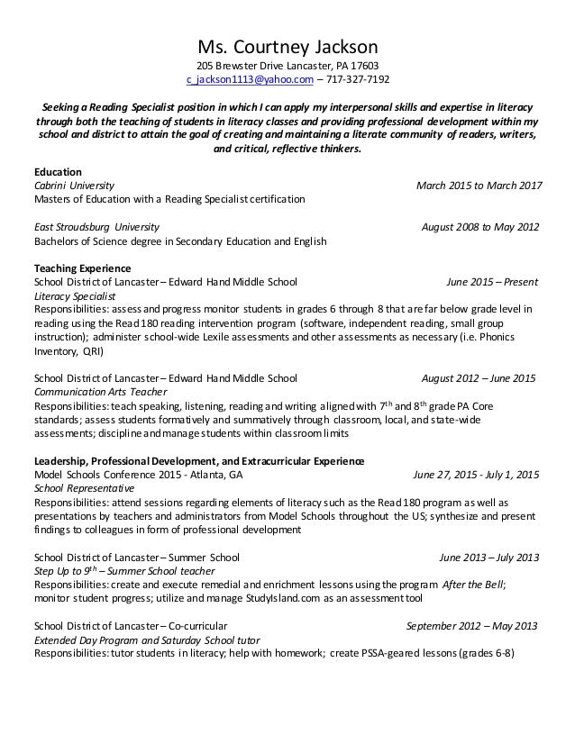 professional reading specialist resume resume reading software