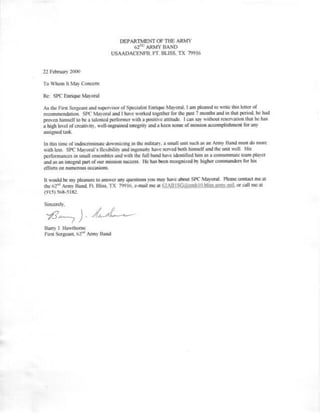 US Army Letter of Recommendation