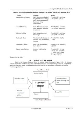 An Empirical Study Of Factors That…
www.ijbmi.org 30 | P a g e
Table 2: Barriers to e-commerce adoption (Adapted from Arendt, 2008 as cited in Diyan, 2012)
Category Barriers Source
Management and strategy Lack of awareness Lack of
long term business strategy
Lack of innovation culture
Resistance of top
management
Arendt (2008), Abid et.al
(2011), Duan (2012)
Cost and financing Lack of finance resources
Long process of return on
investments
Arendt (2008), Abid et.al
(2011), Fillis et al.(2003)
Skills and training Lack of experience and
knowledge
Arendt (2008), Abid et.al
(2011), Oh et al. (2012)
The Supply chain Unsuitability for the type of
business Lack of consumer
demand
Arendt (2008), Chaffey
(2002)
Technology Choices High level of complexity
Lack of time
Abid et.al (2011), Fillis et
al.(2003)
Security and reliability Business risk Security
factors
Arendt (2008), Oh et al.
(2012), Abid et.al (2011),
O‟Toole, 2003, Oh Ka-
Young et al. (2012
Source: (Diyan, 2012)
III. MODEL SPECIFICATION
Based on the literature discussed above, the research model illustrated in Figure 1 below for this study
consists of six set of variables: innovation culture, Infrastructure, finance, knowledge and skills, compatibility
and level of security. These variables are hypothesized to affect the adoption of e-commerce in Nigerian
business organizations.
 