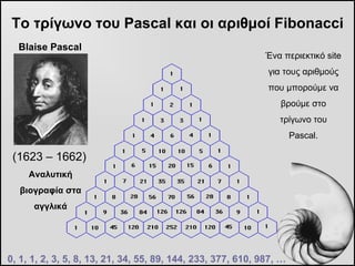 Το τρίγωνο του  Pascal  και οι αριθμοί  Fibonacci <ul><li>(1623 – 1662)  </li></ul>0, 1, 1, 2, 3, 5, 8, 13, 21, 34, 55, 89...