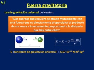 Fuerza gravitatoria
Ley de gravitación universal de Newton:
1 2
1 2 2
·m m
F F G
r
“Dos cuerpos cualesquiera se atraen mutuamente con
una fuerza que es directamente proporcional al producto
de sus masa e inversamente proporcional a la distancia
que hay entre ellos”.
G (constante de gravitación universal) = 6,67·10-11 N·m2·kg-2
 