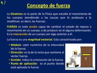 Concepto de fuerza
La Dinámica es la parte de la Física que estudia el movimiento de
los cuerpos atendiendo a las causas que lo producen y lo
modifican, es decir, las fuerzas .
FUERZA es toda acción capaz de cambiar el estado de reposo o
movimiento de un cuerpo, o de producir en él alguna deformación.
Es la interacción de un cuerpo con algo exterior a él.
La fuerza es una magnitud vectorial. Esta caracterizada por:
• Módulo: valor numérico de la intensidad
de la fuerza.
• Dirección: es la de la recta que contiene al
vector fuerza.
• Sentido: indica la orientación de la fuerza.
• Punto de aplicación: es el punto donde
está aplicada la fuerza.
 