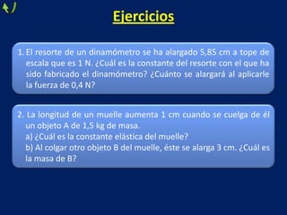Ejercicios
1.El resorte de un dinamómetro se ha alargado 5,85 cm a tope de
escala que es 1 N. ¿Cuál es la constante del resorte con el que ha
sido fabricado el dinamómetro? ¿Cuánto se alargará al aplicarle
la fuerza de 0,4 N?
2. La longitud de un muelle aumenta 1 cm cuando se cuelga de él
un objeto A de 1,5 kg de masa.
a) ¿Cuál es la constante elástica del muelle?
b) Al colgar otro objeto B del muelle, éste se alarga 3 cm. ¿Cuál es
la masa de B?
 