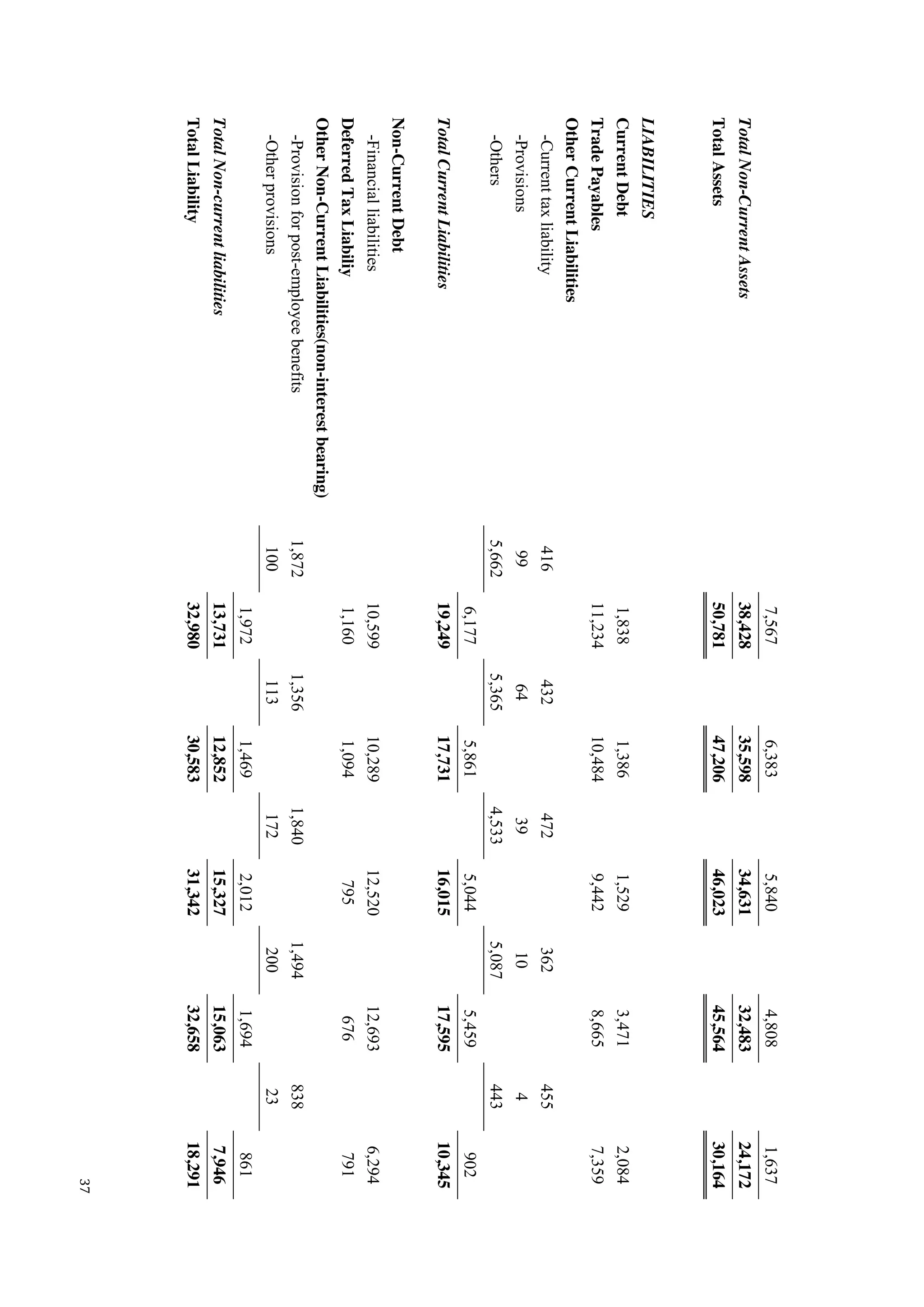 37
7,5676,3835,8404,8081,637
TotalNon-CurrentAssets38,42835,59834,63132,48324,172
TotalAssets50,78147,20646,02345,56430,164
LIABILITIES
CurrentDebt1,8381,3861,5293,4712,084
TradePayables11,23410,4849,4428,6657,359
OtherCurrentLiabilities
-Currenttaxliability416432472362455
-Provisions996439104
-Others5,6625,3654,5335,087443
6,1775,8615,0445,459902
TotalCurrentLiabilities19,24917,73116,01517,59510,345
Non-CurrentDebt
-Financialliabilities10,59910,28912,52012,6936,294
DeferredTaxLiabiliy1,1601,094795676791
OtherNon-CurrentLiabilities(non-interestbearing)
-Provisionforpost-employeebenefits1,8721,3561,8401,494838
-Otherprovisions10011317220023
1,9721,4692,0121,694861
TotalNon-currentliabilities13,73112,85215,32715,0637,946
TotalLiability32,98030,58331,34232,65818,291
 