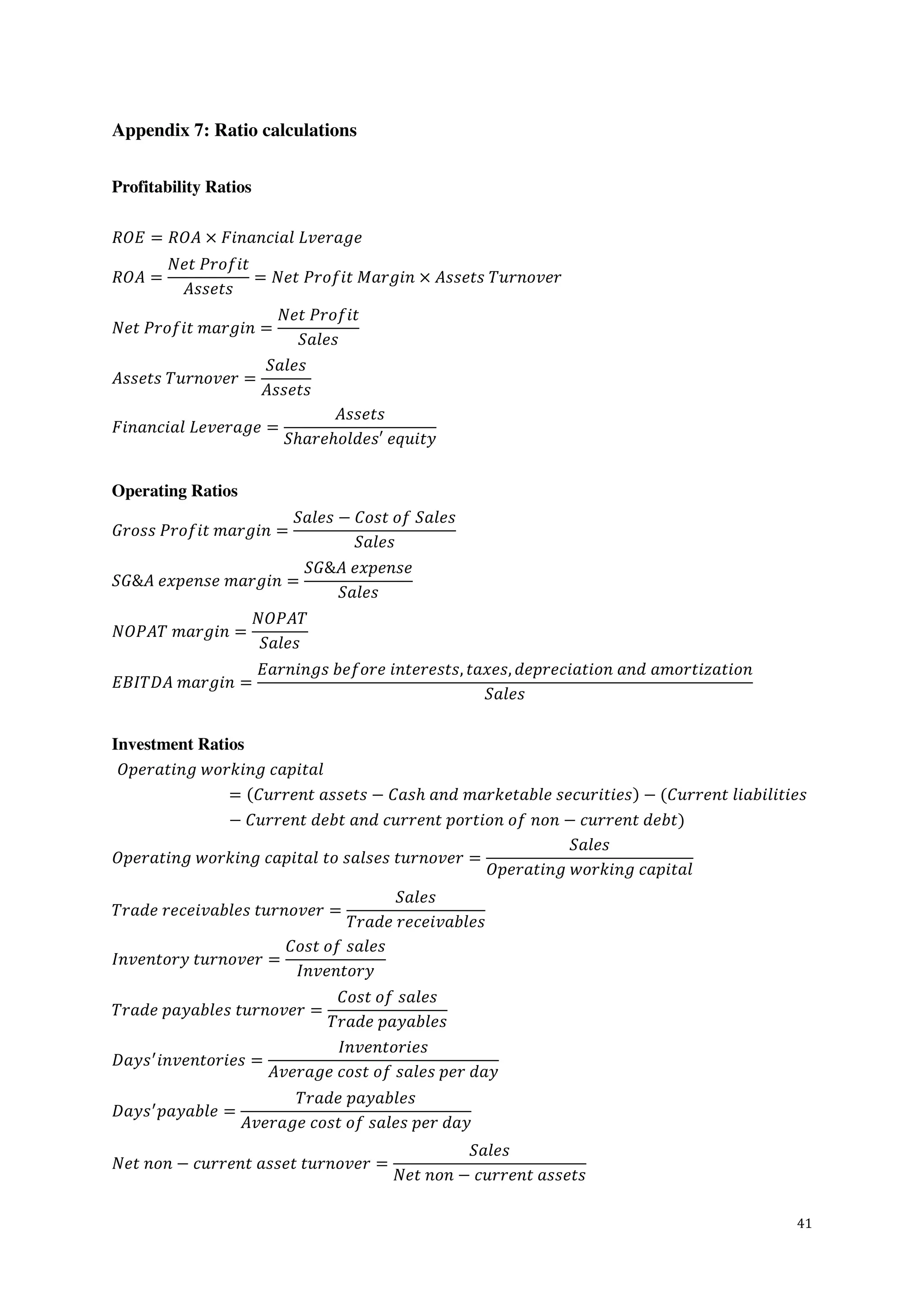 41
Appendix 7: Ratio calculations
Profitability Ratios
𝑅𝑂𝐸 = 𝑅𝑂𝐴 × 𝐹𝑖𝑛𝑎𝑛𝑐𝑖𝑎𝑙  𝐿𝑣𝑒𝑟𝑎𝑔𝑒
𝑅𝑂𝐴 =
𝑁𝑒𝑡  𝑃𝑟𝑜𝑓𝑖𝑡
𝐴𝑠𝑠𝑒𝑡𝑠
= 𝑁𝑒𝑡  𝑃𝑟𝑜𝑓𝑖𝑡  𝑀𝑎𝑟𝑔𝑖𝑛 × 𝐴𝑠𝑠𝑒𝑡𝑠  𝑇𝑢𝑟𝑛𝑜𝑣𝑒𝑟
𝑁𝑒𝑡  𝑃𝑟𝑜𝑓𝑖𝑡  𝑚𝑎𝑟𝑔𝑖𝑛 =
𝑁𝑒𝑡  𝑃𝑟𝑜𝑓𝑖𝑡
𝑆𝑎𝑙𝑒𝑠
𝐴𝑠𝑠𝑒𝑡𝑠  𝑇𝑢𝑟𝑛𝑜𝑣𝑒𝑟 =
𝑆𝑎𝑙𝑒𝑠
𝐴𝑠𝑠𝑒𝑡𝑠
𝐹𝑖𝑛𝑎𝑛𝑐𝑖𝑎𝑙  𝐿𝑒𝑣𝑒𝑟𝑎𝑔𝑒 =
𝐴𝑠𝑠𝑒𝑡𝑠
𝑆ℎ𝑎𝑟𝑒ℎ𝑜𝑙𝑑𝑒𝑠′  𝑒𝑞𝑢𝑖𝑡𝑦
Operating Ratios
𝐺𝑟𝑜𝑠𝑠  𝑃𝑟𝑜𝑓𝑖𝑡  𝑚𝑎𝑟𝑔𝑖𝑛 =
𝑆𝑎𝑙𝑒𝑠 − 𝐶𝑜𝑠𝑡  𝑜𝑓  𝑆𝑎𝑙𝑒𝑠
𝑆𝑎𝑙𝑒𝑠
𝑆𝐺&𝐴  𝑒𝑥𝑝𝑒𝑛𝑠𝑒  𝑚𝑎𝑟𝑔𝑖𝑛 =
𝑆𝐺&𝐴  𝑒𝑥𝑝𝑒𝑛𝑠𝑒
𝑆𝑎𝑙𝑒𝑠
𝑁𝑂𝑃𝐴𝑇  𝑚𝑎𝑟𝑔𝑖𝑛 =
𝑁𝑂𝑃𝐴𝑇
𝑆𝑎𝑙𝑒𝑠
𝐸𝐵𝐼𝑇𝐷𝐴  𝑚𝑎𝑟𝑔𝑖𝑛 =
𝐸𝑎𝑟𝑛𝑖𝑛𝑔𝑠  𝑏𝑒𝑓𝑜𝑟𝑒  𝑖𝑛𝑡𝑒𝑟𝑒𝑠𝑡𝑠, 𝑡𝑎𝑥𝑒𝑠, 𝑑𝑒𝑝𝑟𝑒𝑐𝑖𝑎𝑡𝑖𝑜𝑛  𝑎𝑛𝑑  𝑎𝑚𝑜𝑟𝑡𝑖𝑧𝑎𝑡𝑖𝑜𝑛
𝑆𝑎𝑙𝑒𝑠
Investment Ratios
𝑂𝑝𝑒𝑟𝑎𝑡𝑖𝑛𝑔  𝑤𝑜𝑟𝑘𝑖𝑛𝑔  𝑐𝑎𝑝𝑖𝑡𝑎𝑙
= (𝐶𝑢𝑟𝑟𝑒𝑛𝑡  𝑎𝑠𝑠𝑒𝑡𝑠 − 𝐶𝑎𝑠ℎ  𝑎𝑛𝑑  𝑚𝑎𝑟𝑘𝑒𝑡𝑎𝑏𝑙𝑒  𝑠𝑒𝑐𝑢𝑟𝑖𝑡𝑖𝑒𝑠) − (𝐶𝑢𝑟𝑟𝑒𝑛𝑡  𝑙𝑖𝑎𝑏𝑖𝑙𝑖𝑡𝑖𝑒𝑠
− 𝐶𝑢𝑟𝑟𝑒𝑛𝑡  𝑑𝑒𝑏𝑡  𝑎𝑛𝑑  𝑐𝑢𝑟𝑟𝑒𝑛𝑡  𝑝𝑜𝑟𝑡𝑖𝑜𝑛  𝑜𝑓  𝑛𝑜𝑛 − 𝑐𝑢𝑟𝑟𝑒𝑛𝑡  𝑑𝑒𝑏𝑡)
𝑂𝑝𝑒𝑟𝑎𝑡𝑖𝑛𝑔  𝑤𝑜𝑟𝑘𝑖𝑛𝑔  𝑐𝑎𝑝𝑖𝑡𝑎𝑙  𝑡𝑜  𝑠𝑎𝑙𝑠𝑒𝑠  𝑡𝑢𝑟𝑛𝑜𝑣𝑒𝑟 =
𝑆𝑎𝑙𝑒𝑠
𝑂𝑝𝑒𝑟𝑎𝑡𝑖𝑛𝑔  𝑤𝑜𝑟𝑘𝑖𝑛𝑔  𝑐𝑎𝑝𝑖𝑡𝑎𝑙
𝑇𝑟𝑎𝑑𝑒  𝑟𝑒𝑐𝑒𝑖𝑣𝑎𝑏𝑙𝑒𝑠  𝑡𝑢𝑟𝑛𝑜𝑣𝑒𝑟 =
𝑆𝑎𝑙𝑒𝑠
𝑇𝑟𝑎𝑑𝑒  𝑟𝑒𝑐𝑒𝑖𝑣𝑎𝑏𝑙𝑒𝑠
𝐼𝑛𝑣𝑒𝑛𝑡𝑜𝑟𝑦  𝑡𝑢𝑟𝑛𝑜𝑣𝑒𝑟 =
𝐶𝑜𝑠𝑡  𝑜𝑓  𝑠𝑎𝑙𝑒𝑠
𝐼𝑛𝑣𝑒𝑛𝑡𝑜𝑟𝑦
𝑇𝑟𝑎𝑑𝑒  𝑝𝑎𝑦𝑎𝑏𝑙𝑒𝑠  𝑡𝑢𝑟𝑛𝑜𝑣𝑒𝑟 =
𝐶𝑜𝑠𝑡  𝑜𝑓  𝑠𝑎𝑙𝑒𝑠
𝑇𝑟𝑎𝑑𝑒  𝑝𝑎𝑦𝑎𝑏𝑙𝑒𝑠
𝐷𝑎𝑦𝑠 𝑖𝑛𝑣𝑒𝑛𝑡𝑜𝑟𝑖𝑒𝑠 =
𝐼𝑛𝑣𝑒𝑛𝑡𝑜𝑟𝑖𝑒𝑠
𝐴𝑣𝑒𝑟𝑎𝑔𝑒  𝑐𝑜𝑠𝑡  𝑜𝑓  𝑠𝑎𝑙𝑒𝑠  𝑝𝑒𝑟  𝑑𝑎𝑦
𝐷𝑎𝑦𝑠 𝑝𝑎𝑦𝑎𝑏𝑙𝑒 =
𝑇𝑟𝑎𝑑𝑒  𝑝𝑎𝑦𝑎𝑏𝑙𝑒𝑠
𝐴𝑣𝑒𝑟𝑎𝑔𝑒  𝑐𝑜𝑠𝑡  𝑜𝑓  𝑠𝑎𝑙𝑒𝑠  𝑝𝑒𝑟  𝑑𝑎𝑦
𝑁𝑒𝑡  𝑛𝑜𝑛 − 𝑐𝑢𝑟𝑟𝑒𝑛𝑡  𝑎𝑠𝑠𝑒𝑡  𝑡𝑢𝑟𝑛𝑜𝑣𝑒𝑟 =
𝑆𝑎𝑙𝑒𝑠
𝑁𝑒𝑡  𝑛𝑜𝑛 − 𝑐𝑢𝑟𝑟𝑒𝑛𝑡  𝑎𝑠𝑠𝑒𝑡𝑠
 