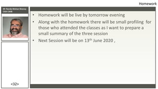 Mr Nanda Mohan Shenoy
CISA CAIIB
<32>
• Homework will be live by tomorrow evening
• Along with the homework there will be ...