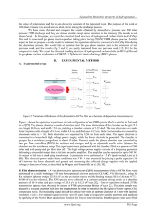 Equivalent Dielectric property of hydrogenated…
www.ijesi.org 38 | Page
the value of polarization and the in-situ dielectric constant of the deposited layer. The purpose of the work at
300 mbar pressure is to avoid uneven short circuit during the discharge process.
We have cross checked and compare the results obtained by atmospheric pressure and 300 mbar
pressure DBD discharge and they are almost similar except some variation in the intensity (the results is not
shown here). In this paper, we report the chemical bond structure of hydrogenated carbon nitride (a-H-CxNy)
film and its associated gas phase reaction/product taking place during CH4/N2 DBD plasma process. Another
aspect is that we propose a crude model to estimate the equivalent dielectric constant of a-H-CxNy film during
the deposition process. We would like to mention that the gas phase reaction part is the extension of our
previous work and few results (fig 5 and 9) are partly borrowed from our previous work [12, 18] for the
comparative study. We report the chemical bonding structure of hydrogenated carbon nitride (a-HCNx) film and
its gas phase reaction mechanism in CH4/N2 (1:2) dielectric barrier discharge (DBD) plasma.
II. EXPERIMENTAL METHOD
A. Experimental set up
Figure 2. Variation of thickness of the deposited a-HCNx film as a function of deposition time (minutes).
Figure 1 shows the equivalent capacitance circuit configuration of our DBD system which is similar to that used
in ref [29]. The plasma chamber is made of stainless steel. The inner dimensions of the chamber are height 12.3
cm, length 18.0 cm, and width 15.0 cm, yielding a chamber volume of 3.32 dm3. The two electrodes are made
from Cu plates with a length of 8.3 cm, width 3.3 cm, and thickness 0.15 cm. Both Cu electrodes are covered by
aluminum oxide (ε ≈ 10). Both electrodes are separated by 0.20 cm from each other. The upper electrode is
connected to a home-built high voltage power supply, while the lower electrode is grounded. The chamber is
pumped by a membrane pump down to about 10 mbar. Pressure inside the plasma chamber was controlled by
two gas flow controllers (MKS) for methane and nitrogen and by an adjustable needle valve between the
chamber and the membrane pump. The experiments were performed with the chamber filled at a pressure of 300
mbar and with pump and gas flow shut off. The high voltage power supply consists of a frequency generator
delivering a sinusoidal output that is fed into an audio amplifier. The amplifier can be operated at up to 500 W;
its output is fed into a spark plug transformer. Experiments were performed at 12 kV (peak-to-peak) and at 6
kHz. The electrical power under these conditions was 5 W. It was measured by placing a probe capacitor (10
nF) between the lower electrode and ground and measuring the collected charge together with the applied
voltage as function of time, as described by Wagner and Sonnenfeld et al. [30, 31].
B. Film characterization : X–ray photoelectron spectroscopy (XPS) measurements of the a-HCNx films were
performed on a multi–technique 100 mm hemispherical electron analyser (CLAM2: VG Microtech), using Al
Kα radiation (photon energy 1253.6 eV) as the excitation source and the binding energy (BE) of Au (Au 4f7/2 :
84.00 eV) as the reference. The XPS spectra were collected in a constant analyser energy mode, at a chamber
pressure of 10–8 mbar and pass energy of 23.5 eV at 0.125 eV/step [32]. Fourier transform infrared (FTIR)
transmission spectra were obtained by means of FTIR spectrometer Bruker (Vector 22). The plain sample was
placed in a vacuum chamber built into the spectrometer in order to minimize the IR signal of water vapour, CO2
content and noise. The measuring signal passed the optical way with an aperture diameter of 3 mm with spectral
resolution 4 cm-1. For optimal signal-to-noise ratio 50 scans were averaged per sample spectrum and apodized
by applying of the Norton Beer apodization function for Fourier transformation. Interferograms were zero-filled
 