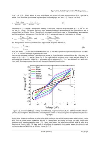 Equivalent Dielectric property of hydrogenated…
www.ijesi.org 43 | Page
Q (C) = V × 10 × 10 nF, where 10 is the probe factor and ground electrode is connected to 10 nF capacitor in
series. From definition, polarization is given by the total charge per unit area [32]. Thus we can write,
AreaElectrodes
QQ
AreaElectrodes
chargeTotal
P
minmax

 (1)
The values of Qmax and Qmin are obtained from fig. 5 and in our case area of the electrode is 27.39 cm2
(L= 8.3
cm and d = 3.3 cm). During the discharge huge amount of charge is accumulated in the electrode area and is
retained there as floating charge. The dielectric constant is given by the ratio of the capacitance with medium
and the capacitance with vacuum. With the help of fig. 5, we can calculate the capacitances as follows:
min(v)max(v)
min(v)max(v)
Vacuum
VV
QQ
C


 and
min(P)max(P)
min(P)max(P)
Plasma
VV
QQ
C


 (2)
So, the equivalent dielectric constant of the deposited HCN layer is obtained as,
Vacuum
Plasma
Equivalent
C
C
ε  (3)
Note that the Eq. (2) is true for other DBD systems too. In our DBD system the capacitance in vacuum is 1.0087
× 10-7
F. It has been measured at pressure of 1 mbar.
The in situ equivalent dielectric constant of the a-H-CxNy layer has been estimated from Eq 3 by using the
values of Qmax, Qmin, Vmax and Vmin from Fig. 5. The capacitance is measured as the charge per unit voltage. It is
noticeable that the applied voltage Vmax is constant and the quantities Qmax, Qmin, and Vmin all vary with time.
As a result the charge-voltage characteristic loop gets elongated in y-direction.
Figure 5. (Color online) Charge - voltage characteristic (Lissajous) curve of CH4/N2 DBD plasma for different
plasma processing time. The area of the parallelogram is related to the electric power dissipated during the each
cycle [12].
Figure 6 (a) shows the variation of polarization with discharge time and it shows that the polarization P varies
with time as longer plasma deposition process. In DBD plasma processing the initial electrode temperature
decreases with plasma processing time [12]. Figure 6 (b) shows the polarization of bulk a-HCNx solid as a
function of electric field. P-E loop study is providing the qualitative information about the dielectric and
resistive property of a-H-CxNy at different time scale [33].
 