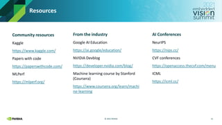 © 2021 NVIDIA
Resources
21
Community resources
Kaggle
https://www.kaggle.com/
Papers with code
https://paperswithcode.com/
MLPerf
https://mlperf.org/
From the industry
Google AI Education
https://ai.google/education/
NVIDIA Devblog
https://developer.nvidia.com/blog/
Machine learning course by Stanford
(Coursera)
https://www.coursera.org/learn/machi
ne-learning
AI Conferences
NeurIPS
https://nips.cc/
CVF conferences
https://openaccess.thecvf.com/menu
ICML
https://icml.cc/
 