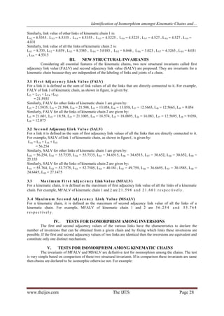 Identification of Isomorphism amongst Kinematic Chains and…
www.theijes.com The IJES Page 28
Similarly, link value of other links of kinematic chain 1 is:
LV2 = 8.5355 , LV3 = 8.5355 , LV4 = 8.5355 , LV5 = 4.5225 , LV6 = 4.5225 , LV7 = 4.527 , LV8 = 4.527 , LV9 =
4.031
Similarly, link value of all the links of kinematic chain 2 is:
LV1 = 8.535, LV2 = 8.039 , LV3 = 8.5385 , LV4 = 5.0185 , LV5 = 8.044 , LV6 = 5.023 , LV7 = 4.5265 , LV8 = 4.031
, LV9 = 4.5315
III. NEW STRUCTURAL INVARIANTS
Considering all essential features of the kinematic chains, two new structural invariants called first
adjacency link value (FALV) and second adjacency link value (SALV) are proposed. They are invariants for a
kinematic chain because they are independent of the labeling of links and joints of a chain.
3.1 Fi r st Adj ac en cy Li n k Va l ue (FALV)
For a link it is defined as the sum of link values of all the links that are directly connected to it. For example,
FALV of link 1 of kinematic chain, as shown in figure, is given by:
Lf1 = LV3 + LV4 +LV5
= 21.5935
Similarly, FALV for other links of kinematic chain 1 are given by:
Lf2 = 21.5935, Lf3 = 21.598, Lf4 = 21.598, Lf5 = 13.058, Lf6 = 13.058, Lf7 = 12.5665, Lf8 = 12.5665, Lf9 = 9.054
Similarly, FALV for all the links of kinematic chain 2 are given by:
Lf1 = 21.601, Lf2 = 18.58, Lf3 = 21.1005, Lf4 = 16.574, Lf5 = 18.0895, Lf6 = 16.083, Lf7 = 12.5695, Lf8 = 9.058,
Lf9 = 12.075
3.2 Se c on d Adjacency Li n k Va l ue (SALV)
For a link it is defined as the sum of first adjacency link values of all the links that are directly connected to it.
For example, SALV of link 1 of kinematic chain, as shown in figure1, is given by:
LS1 = Lf3 + Lf4 + Lf5
= 56.254
Similarly, SALV for other links of kinematic chain 1 are given by:
LS2 = 56.254, LS3 = 55.7535, LS4 = 55.7535, LS5 = 34.6515, LS6 = 34.6515, LS7 = 30.652, LS8 = 30.652, LS9 =
25.133
Similarly, SALV for all the links of kinematic chain 2 are given by:
LS1 = 55.764, LS2 = 53.7575, LS3 = 52.7505, LS4 = 40.181, LS5 = 49.759, LS6 = 36.6695, LS7 = 30.1585, LS8 =
24.6445, LS9 = 27.1475
3.3 Ma xi mu m Fi r s t Ad jac en c y Link Va l u e (MFALV)
For a kinematic chain, it is defined as the maximum of first adjacency link value of all the links of a kinematic
chain. For example, MFALV of kinematic chain 1 and 2 are 21 .598 a nd 21.6 0 1 r e sp ec ti ve l y .
3 .4 Ma xi mu m S e c o nd Ad ja ce n cy Li n k Va lu e (MSALV)
For a kinematic chain, it is defined as the maximum of second adjacency link value of all the links of a
kinematic chain. For example, MFALV of kinematic chain 1 and 2 are 5 6.25 4 a nd 5 5.764
r e spe ct i vel y.
IV. TESTS FOR ISOMORPHISM AMONG INVERSIONS
The first and second adjacency values of the various links have the characteristics to declare the
number of inversions that can be obtained from a given chain and by fixing which links these inversions are
possible. If the first and second adjacency values of two links are identical then the inversions are equivalent and
constitute only one distinct mechanism.
V. TESTS FOR ISOMORPHISM AMONG KINEMATIC CHAINS
The invariants of MFALV and MSALV are definitive test for isomorphism among the chains. The test
is very simple based on comparison of these two structural invariants. If in comparison these invariants are same
then chains are declared to be isomorphic otherwise not. For example:
 