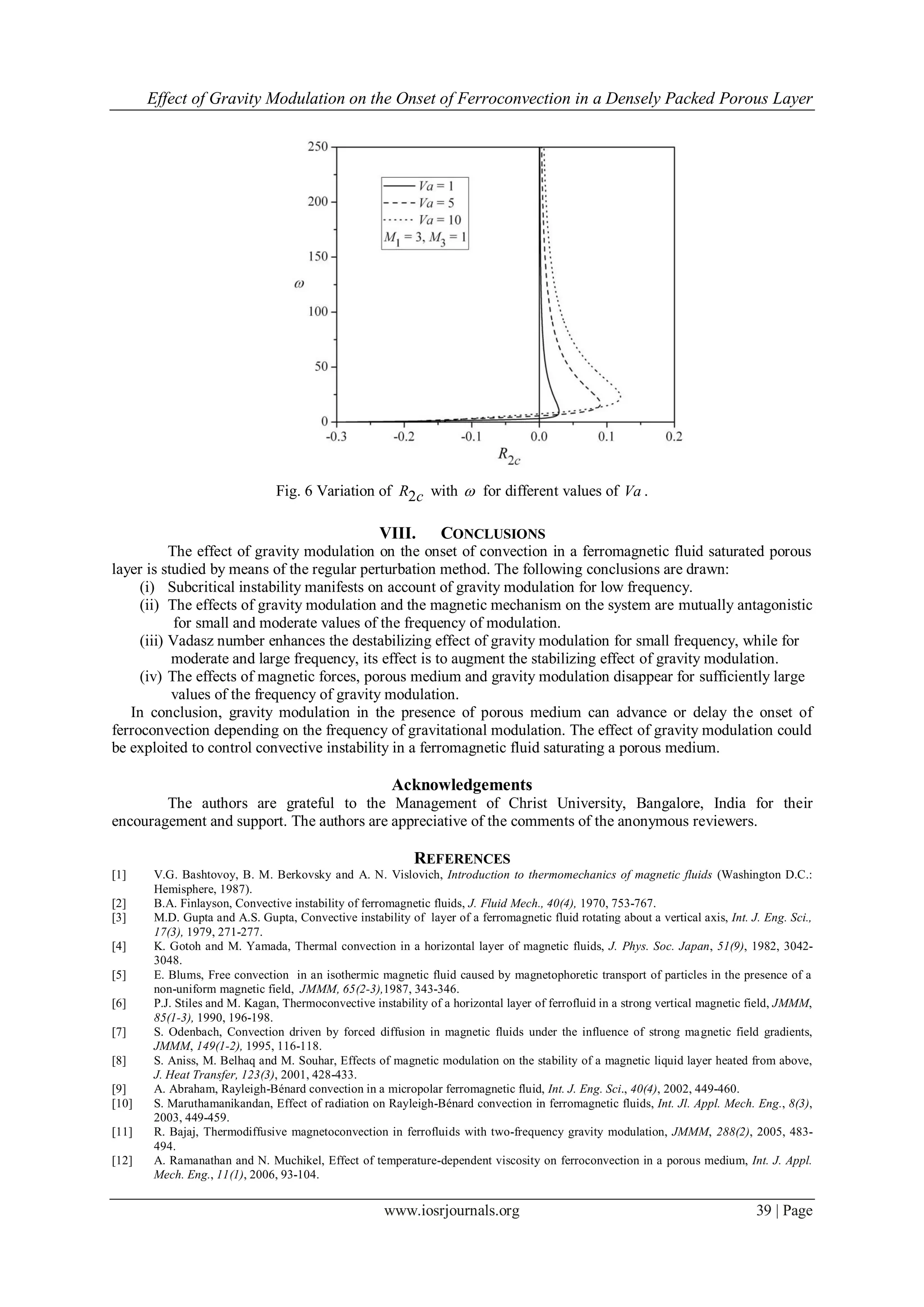 Effect of Gravity Modulation on the Onset of Ferroconvection in a Densely Packed Porous Layer
www.iosrjournals.org 39 | Page
Fig. 6 Variation of 2R c with  for different values of Va .
VIII. CONCLUSIONS
The effect of gravity modulation on the onset of convection in a ferromagnetic fluid saturated porous
layer is studied by means of the regular perturbation method. The following conclusions are drawn:
(i) Subcritical instability manifests on account of gravity modulation for low frequency.
(ii) The effects of gravity modulation and the magnetic mechanism on the system are mutually antagonistic
for small and moderate values of the frequency of modulation.
(iii) Vadasz number enhances the destabilizing effect of gravity modulation for small frequency, while for
moderate and large frequency, its effect is to augment the stabilizing effect of gravity modulation.
(iv) The effects of magnetic forces, porous medium and gravity modulation disappear for sufficiently large
values of the frequency of gravity modulation.
In conclusion, gravity modulation in the presence of porous medium can advance or delay the onset of
ferroconvection depending on the frequency of gravitational modulation. The effect of gravity modulation could
be exploited to control convective instability in a ferromagnetic fluid saturating a porous medium.
Acknowledgements
The authors are grateful to the Management of Christ University, Bangalore, India for their
encouragement and support. The authors are appreciative of the comments of the anonymous reviewers.
REFERENCES
[1] V.G. Bashtovoy, B. M. Berkovsky and A. N. Vislovich, Introduction to thermomechanics of magnetic fluids (Washington D.C.:
Hemisphere, 1987).
[2] B.A. Finlayson, Convective instability of ferromagnetic fluids, J. Fluid Mech., 40(4), 1970, 753-767.
[3] M.D. Gupta and A.S. Gupta, Convective instability of layer of a ferromagnetic fluid rotating about a vertical axis, Int. J. Eng. Sci.,
17(3), 1979, 271-277.
[4] K. Gotoh and M. Yamada, Thermal convection in a horizontal layer of magnetic fluids, J. Phys. Soc. Japan, 51(9), 1982, 3042-
3048.
[5] E. Blums, Free convection in an isothermic magnetic fluid caused by magnetophoretic transport of particles in the presence of a
non-uniform magnetic field, JMMM, 65(2-3),1987, 343-346.
[6] P.J. Stiles and M. Kagan, Thermoconvective instability of a horizontal layer of ferrofluid in a strong vertical magnetic field, JMMM,
85(1-3), 1990, 196-198.
[7] S. Odenbach, Convection driven by forced diffusion in magnetic fluids under the influence of strong magnetic field gradients,
JMMM, 149(1-2), 1995, 116-118.
[8] S. Aniss, M. Belhaq and M. Souhar, Effects of magnetic modulation on the stability of a magnetic liquid layer heated from above,
J. Heat Transfer, 123(3), 2001, 428-433.
[9] A. Abraham, Rayleigh-Bénard convection in a micropolar ferromagnetic fluid, Int. J. Eng. Sci., 40(4), 2002, 449-460.
[10] S. Maruthamanikandan, Effect of radiation on Rayleigh-Bénard convection in ferromagnetic fluids, Int. Jl. Appl. Mech. Eng., 8(3),
2003, 449-459.
[11] R. Bajaj, Thermodiffusive magnetoconvection in ferrofluids with two-frequency gravity modulation, JMMM, 288(2), 2005, 483-
494.
[12] A. Ramanathan and N. Muchikel, Effect of temperature-dependent viscosity on ferroconvection in a porous medium, Int. J. Appl.
Mech. Eng., 11(1), 2006, 93-104.
 