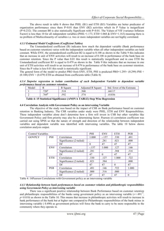 Effect of Corporate Social Responsibility…
www.ijbmi.org 47 | Page
The above result in table 8 shows that PHIL (B1) and ETH (B3) Variables are better predicator of
organization performance since there P<0.01 than ENV (B2) activities which its P Value is insignificant
(P=0.232). The constant B0 is also statistically Significant with P<0.01. The Values of VIF (variance Inflation
Factor) is less than 10 for all independent variables (PHIL=1.173, ETH=1.068 & ENV=1.163) meaning there is
no problem of Multicolinearity of variables i.e. two or more independent variables are not highly correlated.
4.3.3 Estimated Model Coefficients (Coefficient Tables)
The Unstandardized coefficient (B) indicates how much the dependent variable (Bank performance
based on customer retention) varies with the independent variable when all other independent variables are held
constant. While ENV, the unstandardized coefficient B2 is equal to 0.108 as shown in the Table 9 this indicates
that an increase in unit of ENV activities will result to an increase of 0.108 in performance of the bank base on
customer retention. Since the P value than 0.01 this result is statistically insignificant and in case ETH the
Unstandardized coefficient B3 is equal to 0.479 as shown in the Table 9 this indicates that an increase in one
unit of ETH activities will result to an increase of 0.479 in performance of the bank base on customer retention.
Since the P value is less 0.01 this result is statistically significant.
The general form of the model to predict PRO from ENV, ETH, PHI is predicted PRO=1.295+ (0.299) PHI +
(0.108) ENV + (0.479) ETH as obtained from coefficients table (Table 8)
4.3.4 Stepwise regression to isolate contribution of each Independent Variable to dependent variable
performance based on customer retention.
Model R R Square Adjusted R Square Std. Error of the Estimate
1 .720a
.518 .508 .44117
2 .769b
.592 .574 .41036
Table 4: 15 Statistical Significance (ANOVA TABLE) Step Wise Regression
4.4 Correlation Analysis with Government Policy as an intervening Variable
The objective of the study was based on the impact of CSR on Bank performance based on customer
retention in Banking Industry. The CSR variables under study were PHIL, ETH and ENV Responsibilities.
These independent variables alone don’t determine how a firm will invest in CSR but other variables like
Government Policy and firm priority may also be a determining factor. Pearson (r) correlation coefficient was
carried out using SPSS so that the nature of strength and direction of the relationship between independent
variables and dependent variable was identified with intervening variables. The table 10 below shows
correlation analysis output.
Control Variables PHI ENV ETH PER
GOVPLY PHI Correlation 1.000 -.157 .330 .491
Significance (2-tailed) . .281 .021 .000
Df 0 47 47 47
ENV Correlation -.157 1.000 .127 .146
Significance (2-tailed) .281 . .384 .316
Df 47 0 47 47
ETH Correlation .330 .127 1.000 .722
Significance (2-tailed) .021 .384 . .000
Df 47 47 0 47
PER Correlation .491 .146 .722 1.000
Significance (2-tailed) .000 .316 .000 .
Df 47 47 47 0
Table 4: 16Pearson Correlations with Government policy as an intervening variable
4.4.1 Relationship between bank performances based on customer relation and philanthropic responsibilities
using Government Policy as intervening variable
There was a significant positive relationship between Bank Performance based on customer retention
and philanthropic responsibilities of the banks using government policy as an intervening variable (r=.491**
,
p<0.010) as shown in the Table 10. This means that increase in philanthropic activities will result to increase in
bank performance of the bank but at higher rate compared to Philanthropic responsibilities of the bank minus in
intervening variable ( 0.490) as government policies will force the bank to carry to be more responsible to the
community where they operate in.
 