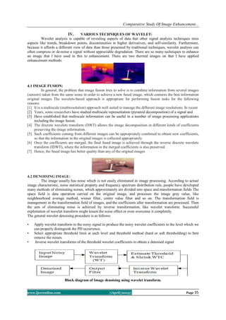 Comparative Study Of Image Enhancement...
www.ijceronline.com ||April||2013|| Page 35
IV. VARIOUS TECHNIQUES OF WAVELET:
Wavelet analysis is capable of revealing aspects of data that other signal analysis techniques miss
aspects like trends, breakdown points, discontinuities in higher derivatives, and self-similarity. Furthermore,
because it affords a different view of data than those presented by traditional techniques, wavelet analysis can
often compress or de-noise a signal without appreciable degradation. There are so many techniques to enhance
an image that I have used in this to enhancement. There are two thermal images on that I have applied
enhancement methods:
4.1 IMAGE FUSION:
In general, the problem that image fusion tries to solve is to combine information from several images
(sensors) taken from the same scene in order to achieve a new fused image, which contains the best information
original images The wavelets-based approach is appropriate for performing fusion tasks for the following
reasons:
[1] It is a multiscale (multiresolution) approach well suited to manage the different image resolutions. In recent
[2] Years, some researchers have studied multiscale representation (pyramid decomposition) of a signal and
[3] Have established that multiscale information can be useful in a number of image processing applications
including the image fusion.
[4] The discrete wavelets transform (DWT) allows the image decomposition in different kinds of coefficients
preserving the image information.
[5] Such coefficients coming from different images can be appropriately combined to obtain new coefficients,
so that the information in the original images is collected appropriately.
[6] Once the coefficients are merged, the final fused image is achieved through the inverse discrete wavelets
transform (IDWT), where the information in the merged coefficients is also preserved.
[7] Hence, the fused image has better quality than any of the original images
4.2 DENOISING IMAGE:
The image usually has noise which is not easily eliminated in image processing. According to actual
image characteristic, noise statistical property and frequency spectrum distribution rule, people have developed
many methods of eliminating noises, which approximately are divided into space and transformation fields The
space field is data operation carried on the original image, and processes the image grey value, like
neighbourhood average method, wiener filter, centre value filter and so on. The transformation field is
management in the transformation field of images, and the coefficients after transformation are processed. Then
the aim of eliminating noise is achieved by inverse transformation, like wavelet transform. Successful
exploitation of wavelet transform might lessen the noise effect or even overcome it completely.
The general wavelet denoising procedure is as follows:
• Apply wavelet transform to the noisy signal to produce the noisy wavelet coefficients to the level which we
can properly distinguish the PD occurrence.
• Select appropriate threshold limit at each level and threshold method (hard or soft thresholding) to best
remove the noises.
• Inverse wavelet transforms of the threshold wavelet coefficients to obtain a denoised signal
Block diagram of Image denoising using wavelet transform.
 