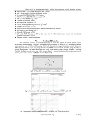 Effects of SIP in Interoperable LMR/Cellular Heterogeneous Mobile Wireless Network
www.iosrjournals.org 41 | Page
 MN send DHCP DISCOVER Message to DHCP server
 DHCP server send DHCP OFFER Message to MN
 MN sends DHCP REQUEST to DHCP server
 DHCP server send DHCP ACK Message to MN
 MN sends INVITE Message to RN
 RN sends OK Message to MN
 MN sends ACK Message to RN
 Session Blocking Probability should be Pj
NTPj
N
 SSM-SIP create virtual sessions
 Initialize Data Communication between MN and RN via Cellular Network.
 MN sends INVITE Message to RN
 RN sends OK Message to MN
 MN sends ACK Message to RN, at the same time it called another new session and immediately
synchronized to virtual session.
 If session finish RN sends Bye message.
VI. Results and Discussion
The simulation scenario is designed specifically to assess the impact of network density on the
performance of the protocols. The impact of network density is assessed by deploying 20 –34 nodes over a fixed
square topology area of 1000m x 800m using 250m node Transmission range. Simulation scenario shows two
different group of node where one group of nodes called LMR access network. Another group of nodes are
cellular mobile nodes. The mobile nodes are used traffic model such as CBR (Constant Bit Rate ) and VBR
(Variable Bit Rate) provide voice and video services. Figure 3 shows Simulation of heterogeneous network
creation, new session creation and Mobile Node (MN) handoff.
Fig.3: MN Handoff from LMR Network to Cellular Network
Fig.4: Comparison of Overall Radio Resource Utilization with SIP and S-SIP
Fig. 5: Comparison of Overall Radio Resource Utilization with S-SIP and SSM-SIP
 