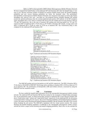 Effects of SIP in Interoperable LMR/Cellular Heterogeneous Mobile Wireless Network
www.iosrjournals.org 42 | Page
We have compared the handoff delay in the traditional SIP with Seamless SIP. Here the handoff delay is very
near to zero. Because maximum number of handoff are seamless handoff which means the handoff dropping
probability and new session blocking probability are below the threshold value. The performance
Interoperability in Heterogeneous Mobile Wireless Networks were measured with respect to metrics like Packet
throughput ratio ,delivery ratio, end – end delay etc. Our proposed Session Schedule Manager SIP method
ensures the optimal performance than the existing traditional and seamless SIP methods. In the SIP simulation
report, throughput ratio is 0.61 where as seamless SIP shows 0.62.The sending and receiving packets in SIP are
770 and 766 respectively. But in the case of seamless SIP sending and receiving packets are 785 and 781
respectively.PDF of traditional SIP is 97.48 where as 99.79 PDF in Seamless SIP. Finally, average end to end
delay in traditional SIP is 36.00 ms where as 32.09 ms in Seamless SIP. The Transmission delay is also
compared for the traditional SIP and Seamless SIP.
Fig.6: Traditional and Seamless SIP Simulation Report
Fig.7: Traditional and Seamless SIP Simulation Report
The SSM SIP sending and receiving packets are 905 and 901 respectively. The PDF of Seamless SIP is
97.48 where as 98.26 PDF in SSM SIP. The average end to end delay in seamless SIP is 32.09 ms where as 27.9
ms in Seamless SIP. The performance of Interoperable LMR and Cellular network is increased by using the
SSM SIP from the simulation results.
VII. Conclusion
We have studied the handoff delay and packet loss in the interoperable heterogeneous mobile wireless
network. The traditional SIP and Seamless SIP has been studied for the constraints of handoff delay and packet
loss. In our performance study, we observed the delay incurred in traditional SIP is more than the Seamless SIP
due to “break before make” scheme and “make before break” respectively. In the traditional SIP, the old session
is terminated before making the new session. The session blocking probability and handoff dropping probability
is above the target session blocking and handoff dropping probability. But the Seamless SIP make a new session
before breaking the old session. The SSM-SIP is presented with the virtual session creation. The session
blocking and handoff dropping probability of SSM-SIP in the interoperable heterogeneous mobile wireless
network are below a target session blocking and handoff dropping probability. Due to this we can conclude the
 