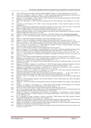 Proximate and phytochemical compositions of napoleona vogelii hook fruit
www.theijes.com The IJES Page 51
[4]. AOAC (1990): Association of Official Analytical Chemists Method of Analysis; 15th
edition, Washington D.C. pp 222-236.
[5]. Aremu, M. O.; Olanisakin, A.; Bako, D. A.; Madu, P. C. (2006): Compositional Studies and Physiochemical- Characteristics of
Cashew Nut (Anarcadium Occidentals) Flour. Pakistan Journal of Nutrition. 5(4): 328 – 333.
[6]. Arkroyed, W. R. and Doughty, J. (1984): Legumes in Human Nutrition Food and Agricultural Organization, Nutrition Studies
Publication. Journal of Agric Food Chemistry p. 19.
[7]. Bohnr, M. K. and Kocipai, A. (1994): Flavonoids Composition and Uses. Smith Sonian Inst. Press, Washiton, D. C. pp 106 –
109.
[8]. Committee on Food Protection, CFP, (1966): Toxicants Occurring Naturally in Foods. National Academy of Sciences,
Washington D. C.
[9]. Dike, M. C. (2010): Proximate, Phytochemical and Nutrient Compositions of Some fruits, Seeds and Leaves of Some Plant
Species at Umudike, Nigeria. APRN Journal of Agricultural and Biological Science. 5:7-10.
[10]. Ekoh, U. P. (2009): Nutritional, Anti-nutritional and Physiochemical Composition of African Elemi Pulp, p 40.
[11]. European Food Safety Authority. (2011): Scientific Opinion on the Risks for Public Health Related to the Presence of Opium
Alkaloids in Poppy Seeds. EFSA Journal. 9 (11): 2405.
[12]. George, M.; Joseph, E.; and Pizzorno, I. R. (2012): Flavonoid – The World’s Healthiest Foods. http://whfoods.Org/genpage.
[13]. Harbone, J. B., (1973): Phytochemical Methods: A Guide to Modern Techniques of Plant Analysis. Chapman Hall, New York pp
7-41.
[14]. Haslam, E., (1989): Plant Polyphenols Cambridge University Press, Cambridge, U.K, pp 232.
[15]. Hotpkins, J. (1995): The Glycoalkaloids: Naturally, of Interest (Hot Potato) Food Chain. Toxicology, (33(4): 323 – 328.
[16]. Igidi, O. J.; Nwabue, F. I.; and Omaka, O. N. (2012): Physicochemical Studies of Extracts From Napoleona Vogelii Grown in
Ebonyi State as a Source of New Acid-Base Indicator. Research Journal in Engineering and Applied Sciences. 1(2) 96-101.
[17]. Ijeh, I. I.; Njoku, O. U. and Eikenze, E. C. (2004): Medicinal Evaluation of Extracts of Xylopia Eathipica and Ocimum
Grstissimum, Journal of Medical and Plant Science 26:41-49.
[18]. James, C. S. (1995): Analytical Chemistry of Foods Chapman Hall, New York. pp 10-57.
[19]. Kalu, F. N.; Ogugua, V. N. I; Ujowumdi, C. O; and Chinekeokwu, C. R. K. (2011): Chemical Composition and Aluta Toxicity
Studies on the Aqueous Extract of Combretum Dolichopentalum Leaf in Swiss Albino Mice. J. Chem Sci. Research. 1:18
[20]. Liener, I. E. (1976): Legume Toxins in Relations to Protein Digestibility: A Review Journal of Food Science. (41) 1076 – 1081.
[21]. Lienar, I. E. (1994): Implication of Antinutritional Components in Soyabeans Foods Review Journal in Food Science and
Nutrition (1): 31 – 67.
[22]. Liener, I. E. (1995); Soyabeans Protease Inhibitions and Pancreatic Carcinogenesis. Journal of Nutrition. 125: 582-583.
[23]. Makoshi, M, S and Arowolo, R.O.A (2011): Therapeutic Effect of Tephrosia Vogelii Ointment in The Treatment of Bovine
Dermatophilosis. Journal of Veterinary Medicine and Animal Health. 3(4): 51 – 55.
[24]. Meregini, A. O. A. (2005): Some Endegered Plants Producing Edible Fruits and Seeds in Southeastern Nigeria. Journal of Food
Science 60 (3):211-220.
[25]. Mgbagwu, F. N; Chuba, C; Unamba, C. I. N; and Nwosu, I. C. (2010): Proximate Analysis and Mineral Composition of Seeds of
Treculia Africana and Artocarpulus Atiti (Mora Leae); International Science Research Journal, 2: pp 121 – 123.
[26]. Muralihara, A; Narasimenthy, K; Viswanatha, S.; and Ramesh, B. S. (1999): Acute and Subchronic Toxicity Assesment of
Debitterzed Ferugreek Powder in Mouse and Rat. Food Chem Toxicol. 3: 831- 838.
[27]. Njoku, O. U.; Boniface, J. A. E., Obitte, N. C.; Odimegwu, D. C. and Ogbu, H. I. (2010): Some Nutritional of Beniseed Oil.
International Journal of Applied Research in Natural Products (4): 11-19.
[28]. Obadoni, B.O and Ochuko, P. D. (2001): Physiochemical Studies and Comparative Efficiency of the Crude Extracts of
Homeostatic Plants in Edo and Delta State Nigeria. Global Journal of Pure and Applied Science .8: 203-208.
[29]. Okaka, J. C: Enoch, N. J. and Okake, N.C (1992): Human Nutrition and Integrated Approach. ESUT Publication Enugu, Nigeria
pp 57-58.
[30]. Olaofe, I. O. (1994); Proximate Composition and Functional Properties of beans, cowpea, pigeon peas, melon and pumpkin;
Supple Chem. Soc. pp 130 – 135.
[31]. Onwuka, G. I. (2005): Food Analysis and Instrumentation (Theory and Practice) Napthala Prints, Surulere, Lagos, Nigeria pp
140-160.
[32]. Onyeike, E. N; Olungwe, T. and Uwakwe, A. A. (1995): Effect of Heat Treatment and De-fattening on the Proximate
Composition of some Nigerian Local Soup Thickeners, Food Chemistry,53: p 173 – 175.
[33]. Pearson, D. (1976): Chemical Analysis of Food Churchill Living Stone, Edinburgh, UK, pp 103-110.
[34]. Qin, Y; Wu, X; Haung, W; and Gong, G. (2009): Acute Toxicity of Substances and Chronic Toxicity of Steroidal Saponin from
Dioscora Zingiberesis in Rodent. Journal of Ethnophamacology: 126(3): 543-650.
[35]. Shalom, N. C; Abayomi, C. O; Okwuchukwu, K. E; Opeyemi, C. E; Olayumoke, K. A; and Damilola, I. D. (2011): Proximate
and Phytochemical Analysis of Solanum Aethiopium L. and Solanum Macrocarpon L. Fruits; Research Journal of Chemical
Sciences, 1(3): pp 63 – 67.
[36]. Shi, J; Arunasalam, K; Yeung, O; Kakuda, Y; Mittal, G; and Jiang Y. (2004): Saponins from Edible Legumes; Chemistry
Processing and Health Benefits, Journal of Med. Food, 7(1): pp67 – 78.
[37]. Siddhuraju, P; Vijayakumari, K; and Janardhanam, K. (1996): Chemical Composition and Protein Quality of the Little Known
Legumes, Velvet Beans (Mucana Pruriens); Journal of Agriculture and Food Chemistry; 44: pp 2636 – 2641.
[38]. Ukpabi, U. H. and Ukpabi U. J. (2003): Potentials of Seed of Napoleona Imperials as a Source of Haemolytic Saponin and Feed
Ingredient Livestock Research for Rural Development 15 (12): 6-11.
[39]. Van Buren, J. P. and Robinson, W. B. (1981): Formation of Complexes between Protein and Tannic Acid, Journal of Agric Food
Chemistry, 17: pp 772 – 777.
 