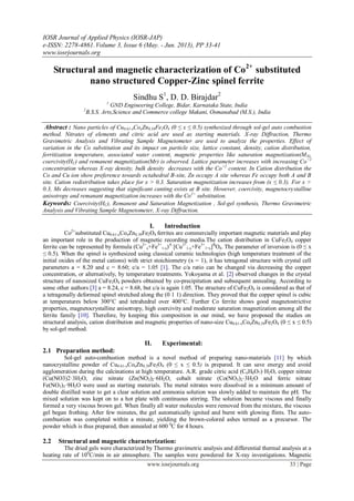 IOSR Journal of Applied Physics (IOSR-JAP)
e-ISSN: 2278-4861.Volume 3, Issue 6 (May. - Jun. 2013), PP 33-41
www.iosrjournals.org
www.iosrjournals.org 33 | Page
Structural and magnetic characterization of Co2+
substituted
nano structured Copper-Zinc spinel ferrite
Sindhu S1
, D. D. Birajdar2
1
GND Engineering College, Bidar, Karnataka State, India
2
B.S.S. Arts,Science and Commerce college Makani, Osmanabad (M.S.), India
Abstract : Nano particles of Cu0.61-xCoxZn0.39Fe2O4 (0 ≤ x ≤ 0.5) synthesized through sol-gel auto combustion
method. Nitrates of elements and citric acid are used as starting materials. X-ray Diffraction, Thermo
Gravimetric Analysis and Vibrating Sample Magnetometer are used to analyze the properties. Effect of
variation in the Co substitution and its impact on particle size, lattice constant, density, cation distribution,
ferritization temperature, associated water content, magnetic properties like saturation magnetization(MS),
coercivity(HC) and remanent magnetization(Mr) is observed. Lattice parameter increases with increasing Co+2
concentration whereas X-ray density, bulk density decreases with the Co+2
content. In Cation distribution the
Co and Cu ion show preference towards octahedral B-site, Zn occupy A site whereas Fe occupy both A and B
site. Cation redistribution takes place for x > 0.3. Saturation magnetization increases from (x ≤ 0.3). For x >
0.3, Ms decreases suggesting that significant canting exists at B site. However, coercivity, magnetocrystalline
anisotropy and remanant magnetization increases with the Co2+
substitution.
Keywords: Coercivity(HC), Remanent and Saturation Magnetization , Sol-gel synthesis, Thermo Gravimetric
Analysis and Vibrating Sample Magnetometer, X-ray Diffraction.
I. Introduction
Co2+
substituted Cu0.61-xCoxZn0.39Fe2O4 ferrites are commercially important magnetic materials and play
an important role in the production of magnetic recording media.The cation distribution in CuFe2O4 copper
ferrite can be represented by formula (Cu2+
x+Fe3+
1-x)A
[Cu2+
1-x+Fe3+
1+x]B
O4. The parameter of inversion is (0 ≤ x
≤ 0.5). When the spinel is synthesized using classical ceramic technologies (high temperature treatment of the
initial oxides of the metal cations) with strict stoichiometry (x = 1), it has tetragonal structure with crystal cell
parameters a = 8.20 and c = 8.60; c/a = 1.05 [1]. The c/a ratio can be changed via decreasing the copper
concentration, or alternatively, by temperature treatments. Yokoyama et al. [2] observed changes in the crystal
structure of nanosized CuFe2O4 powders obtained by co-precipitation and subsequent annealing. According to
some other authors [3] a = 8.24, c = 8.68, but c/a is again 1.05. The structure of CuFe2O4 is considered as that of
a tetragonally deformed spinel stretched along the (0 1 1) direction. They proved that the copper spinel is cubic
at temperatures below 300°C and tetrahedral over 400°C. Further Co ferrite shows good magnetostrictive
properties, magnetocrystalline anisotropy, high coercivity and moderate saturation magnetization among all the
ferrite family [10]. Therefore, by keeping this composition in our mind, we have proposed the studies on
structural analysis, cation distribution and magnetic properties of nano-size Cu0.61-xCoxZn0.39Fe2O4 (0 ≤ x ≤ 0.5)
by sol-gel method.
II. Experimental:
2.1 Preparation method:
Sol-gel auto-combustion method is a novel method of preparing nano-materials [11] by which
nanocrystalline powder of Cu0.61-xCoxZn0.39Fe2O4 (0 ≤ x ≤ 0.5) is prepared. It can save energy and avoid
agglomeration during the calcinations at high temperature. A.R. grade citric acid (C6H8O7)·H2O, copper nitrate
(Cu(NO3)2·3H2O, zinc nitrate (Zn(NO3)2·6H2O, cobalt nitrate (Co(NO3)2·3H2O and ferric nitrate
Fe(NO3)3·9H2O were used as starting materials. The metal nitrates were dissolved in a minimum amount of
double distilled water to get a clear solution and ammonia solution was slowly added to maintain the pH. The
mixed solution was kept on to a hot plate with continuous stirring. The solution became viscous and finally
formed a very viscous brown gel. When finally all water molecules were removed from the mixture, the viscous
gel began frothing. After few minutes, the gel automatically ignited and burnt with glowing flints. The auto-
combustion was completed within a minute, yielding the brown-colored ashes termed as a precursor. The
powder which is thus prepared, then annealed at 600 0
C for 4 hours.
2.2 Structural and magnetic characterization:
The dried gels were characterized by Thermo gravimetric analysis and differential thermal analysis at a
heating rate of 100
C/min in air atmosphere. The samples were powdered for X-ray investigations. Magnetic
 