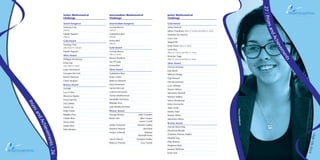 27|PrizesandAchievements
HighLife2014
PrizesandAchievements|26
PareseMatthews
Senior Kangaroo
Yuetong Chen
(Merit)
Natalie Nguyen
(Merit)
Gold Award
Yuetong Chen
(also best in School)
Natalie Nguyen
Silver Award
Phillippa Armstrong
Emily Day
(also best in Year)
Laura Hutchinson
Georgina McCosh
Rachel Mortimer
Chloe Vaughan
Bronze Award
Zoë Bell
Lucy Croker
Aboyowa Ikpobe
Fiona Fearnley
Zoë Gidden
Yasmin Lee
Helen Potter
Rebekka Price
Charlie Rees
Shona Shah
Saskia West
Polly Windsor
Intermediate Kangaroo
Lucinda Barron
(Merit)
Sudakshina Basu
(Merit)
Emma Bird
(Merit)
Gold Award
Lucinda Barron
(Best in Year)
Eleanor Bradford
Isla O’Grady
Emma Bird
Silver Award
Sudakshina Basu
Emily Collins
Rebecca Edwards
Anya Hewertson
Harriet McCosh
Gráinne McGowan
Tamsin Matthewman
Annabelle Nicholson
Rebekka Price
Julia Wardley-Kershaw
Bronze Award
Georgia Brooke	 Holly Chandler
Beckii Chin	 Ellen Cooper
Lauren Cunild
Amber Fransham	 Nandini Gadhia
Katarina Hutchin	 Afra Khan
Amber La Ronde	 Mariaye
	Marshall-Dowe
Lauren Mercer	 Georgina Oakley
Rebecca Thomas	 Lucy Toman
Gold Award
Ashley Basford
Ujjesa Chaudhary (Best in School and Best in Year)
Madeline De Marchis
Grace Gee
Abigail Hill
Emily Potter (Best in Year)
Leyna Roy
(Best in School and Best in Year)
Bronwyn Tagg
(Best in School and Best in Year)
Silver Award
Victoria Annesley
Kyla Bansil
Millicent Bridge
Gigi Howard
Hannah Jameson
Lucy Luikinga
Eleanor Mitton
Alexandra Neuhoff
Rukaiya Sadikot
Veena Shivakumar
Emily Simmonite
Tarah Smith
Mahita Tailor
Eleanor White
Alexandra Wilcox
Bronze Award
Hannah Berck-May
Khushman Bhullar
Charlotte Fletcher-Stables
Matilda Ong
Polly Roberts
Meghana Vipin
Jasmine Whitham
Emily York
Senior Mathematical
Challenge
Intermediate Mathematical
Challenge
Junior Mathematical
Challenge
 