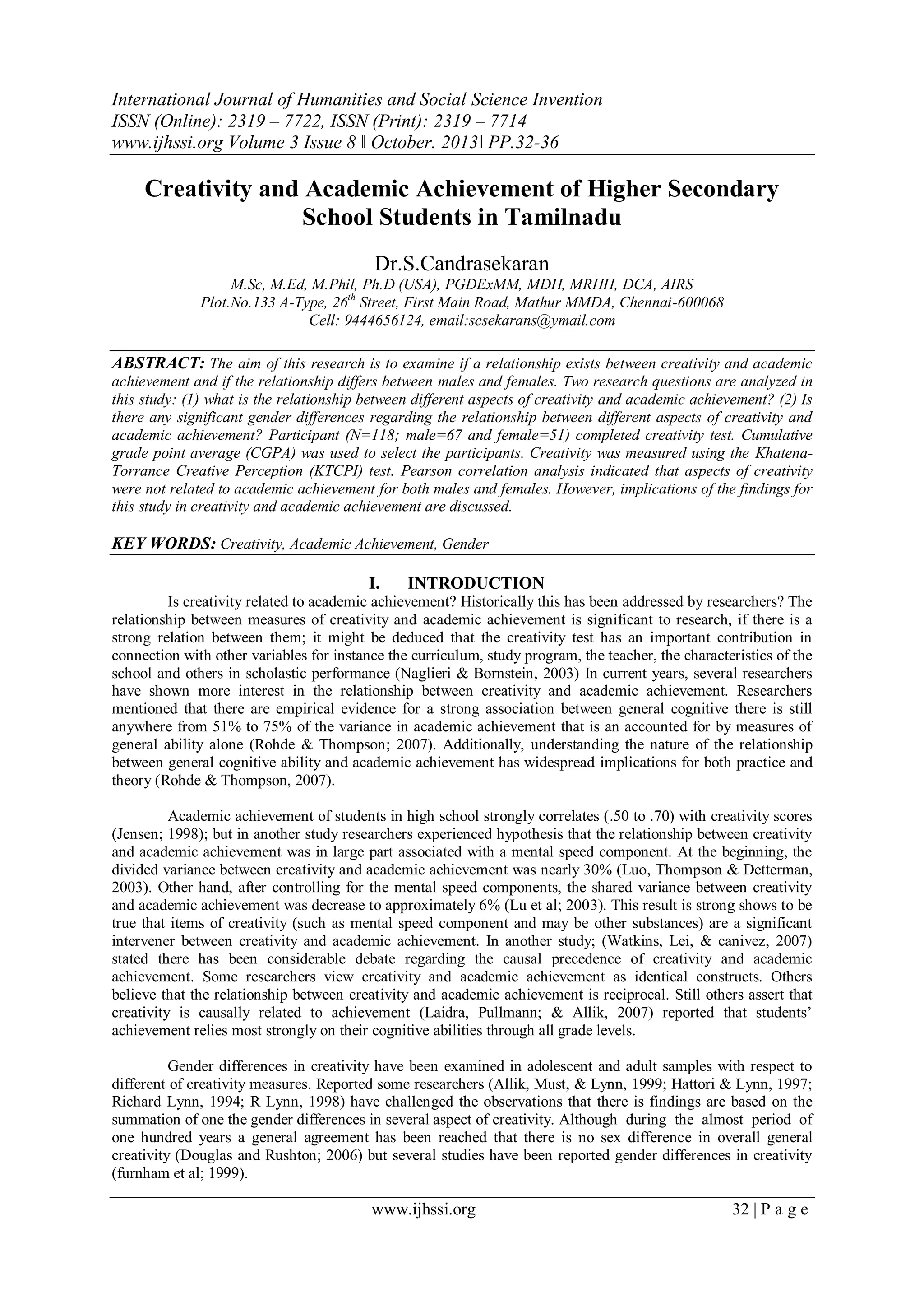 Creativity and Academic Achievement of Higher Secondary School Students ...