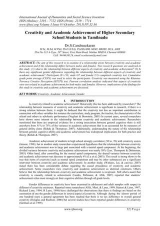 Creativity and Academic Achievement of Higher Secondary School Students ...
