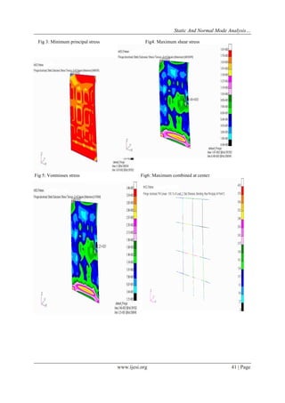 Static And Normal Mode Analysis… 
www.ijesi.org 41 | Page 
Fig 3: Minimum principal stress Fig4: Maximum shear stress 
Fig 5: Vonmisses stress Fig6: Maximum combined at center 
 