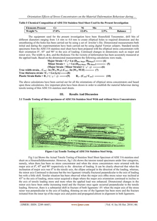 Orientation Effects of Stress Concentrators on the Material Deformation Behaviour during….
| IJMER | ISSN: 2249–6645 | www.ijmer.com | Vol. 4 | Iss.10| Oct. 2014 | 46|
Table I Chemical Composition of AISI 316 Stainless Steel Sheet Used In the Present Investigation
The equipment used for the present investigation have been Hounsfield Tensometer, drill bits of
different diameters ranging from 1.6 mm to 4.0 mm to create elliptical holes to required dimension and the
smoothening of the holes has been carried out by using a set of: Jeweler’s file. Dimensional measurements both
initial and during the experimentation have been carried out by using digital Vernier calipers. Standard tensile
specimens from the AISI 316 stainless steel sheet have been prepared with the elliptical stress concentrators with
their orientation 0°, 45° and 90° to the axis of loading. Continued changes in dimensions such as major and
minor axis. The width w1 &w2 and the thickness 't'in the vicinity of deformation has been accurately measured at
the applied loads. Based on the dimensional measurements the following calculations were made,
Major Strain = C1= Ln (DInst. Major /D0Major) -------- (4)
Minor Strain = €2 = Ln (DInst.Minor /D0 Minor) ---------- (5)
(Major Strain / Minor Strain)= (€1/ €2) ----------(6)
True width strain, = Cwt1~ In (W1i/W1f) ;Cwt2 = In (W2i /W2f) ---------- (7)
True thickness strain =C1 = Ln (t0/tf) -------(8)
Plastic Strain Ratio = R 1= (€2 / €1) --------(9) R2 = (Cwt2/ Cwt1) ----------- (10)
The above calculations have been carried out for all the orientations of elliptical stress concentrators and based
upon these calculations, few important plots have been drawn in order to establish the material behaviour during
tensile testing of thin AISI 316 stainless steel sheets.
III. Results And Discussion
3.1 Tensile Testing of Sheet specimens of AISI 316 Stainless Steel With and without Stres Concentrators
Figure l (a) Tensile Testing of AISI 316 Stainless Steel Strip,
Fig.1 (a) Shows the Actual Tensile Testing of Stainless Steel Sheet Specimen of AISI 316.stainless steel
sheet on a Hounsefieldtensometer. However, fig.1 (b) shows the tension tested specimens under four categories,
namely, when there has been no stress concentrator and when the stress concentrators were oriented with the
major axis at 00
, 450
and 90° respectively to the direction of loading. It can be clearly observed that when the
inclination of major axis was 00
to the tensile axis, the ellipse enlarged in the direction of the loading, whereas,
the minor axis Continued to decrease but the two ligament virtually fractured perpendicular to the axis of loading
but with a little shift. Similar situation has been observed when the major axis ofthe stress raiser was inclined at
45()
to the axis of loading, stress raiser acquired a shape where the major axis orientation continued to incline to
the axis of tensile loading more and more when the applied load was enhanced. Dimensional changes in the
minor axis have been onthe increasing trend and the fracture once again occurred perpendicular to the tensile
loading. However, there is a substantial shift in fracture of both ligaments :0 when the major axis of the stress
raiser was perpendicular to the axis of loading, thinning on one of the ligament has been more and the fracture
initiated from the inner tip of the major axis end points and propagated almost in alignment in both ligaments.
Elements Present Cr Ni Mo Fe
Weight % 17.0% 12.0% 2.5% Balance
 