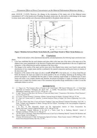 Orientation Effects of Stress Concentrators on the Material Deformation Behaviour during….
| IJMER | ISSN: 2249–6645 | www.ijmer.com | Vol. 4 | Iss.10| Oct. 2014 | 48|
point. (EI/£2.R= 2.1,0.45). However, the change in the orientation of the major axis of the elliptical stress
concentrator is 45° to the tensile axis of loading, the plastic strain ratio, Rp shot up by a mild change in the major
to minor strain ratios and the curve becomes almost parallel to the plastic strain ratio axis.
Figure 3 Relation between Plastic Strain Ratio (R p) and Major Strain to Minor Strain Ratio(e1/e2)
IV. Conclusions
Based on the analysis of the experimental data and the calculated parameters, the following major conclusions were
drawn:
1. It has been established that the crack initiation took place either at the inner tips of the minor or the major axis of the
elliptical stress raiser perpendicular to the direction of loading and in particular perpendicular to the axis of applied load
irrespective of the rolling direction and the orientation of the stress raiser.
2 The changes in the rotation of the major and the minor axis of the elliptical stress raisers were found to alter and this
alterationwas of very complex nature and this is attributed to the material composition and the prior history or rotation of
the stress raiser, and,
3. Irrespective of the rotation of the major axis dire o ction(0o
, 45o
and 90n
) to the tensile axis, it is always found that just
before the fracture, the major axis tended to lie closely parallel to the axis of loading. Summing up the findings of the
present investigation, it is established that thin plates or sheets containing single/multiple or combined types of stress
raisers will create a very complex situation and, therefore, the present investigation is simply an attempt to provide an
insight view to awaken the scientists aware of the seriousness and possible design modifications in order to avoid the
catastrophic failure/s in service.
REFERENCES
[1.] J. J. Duga et al., "The Economic effects of Fracture in the United States", NBS Special Publication 647 - 2, United States
Department of Commerce. Washington, DC, March 1983. A. Griffith, "The phenomena of Rupture and Flow in Solids",
Philosophical Transactions, series A.Vo1.221, 1920, pp. l63 -- 198.
[2.] E. lnglis, "Stresses in a Plate Due to the Presence of Cracks and Sharp Comers", Transactions of the Institute of Naval Structures",
Vo1.55, I 03], pr219-241.
[3.] G. R. lrwin, “Fracture Dynamics", Fracturing of Metals, American Society for Metals,, Cleveland,I 1948, pp. 147-166.
[4.] P. C. Paris, M. P. Gomez and W. P. Anderson, "A rational Analytical Theory of Fatigue",The Trend in Engineering, Vol.13,1961,
pp. 9-14.
[5.] G. R. lrwin, "Plastic Zone Near a Crack and Fracture Toughness", Saga more Research Conference Proceedings, Vol.4,1961. A.
Wells, "Unstable crack Propagation in Metals: Cleavage and Fast Fracture", Proceedings of the crack propagation Symposium,
Vol.l. Paper No.81, 1961.
[6.] J .R. Rice, "A Path Independent Integral and The Approximation Analysis of Strain Concentration By
Notches And Cracks", Journal of Applied Mechanics, vol.35, 1968, pp.379-386.
[7.] J.W. Hutchinson, "Singular Behaviour at the End of a Tensile Crack Tip in Hardening Materials", Journal of
Mechanics and Physics of Solids, VoJ.16, 1968, pp.I-12.
[8.] J .R. Rice and G.F. Rosengren, "Plane Strain Deformation near a Crack Tip in a Hardening Material", Journal of the Mechanics and
Physics of Solids, VoI.16,1968,pp.I-12.
[9.] V.Kumar, M.D.German and C.F.Shih, "An Engineering Approach for Elastic - Plastic Fracture Analysis", EPRI Report NP - 1931,
Electric Power Research Institute, Palo Alto, CA 1981.
 