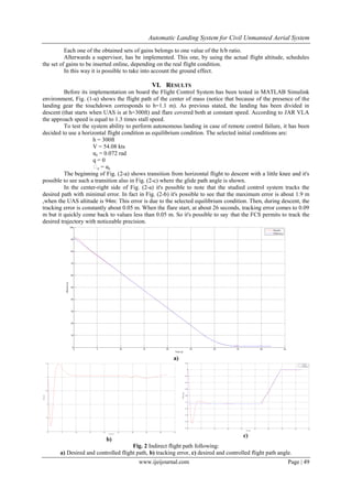 Automatic Landing System for Civil Unmanned Aerial System 
www.ijeijournal.com Page | 49 
Each one of the obtained sets of gains belongs to one value of the h/b ratio. Afterwards a supervisor, has be implemented. This one, by using the actual flight altitude, schedules the set of gains to be inserted online, depending on the real flight condition. In this way it is possible to take into account the ground effect. 
VI. RESULTS 
Before its implementation on board the Flight Control System has been tested in MATLAB Simulink environment, Fig. (1-a) shows the flight path of the center of mass (notice that because of the presence of the landing gear the touchdown corresponds to h=1.1 m). As previous stated, the landing has been divided in descent (that starts when UAS is at h=300ft) and flare covered both at constant speed. According to JAR VLA the approach speed is equal to 1.3 times stall speed. To test the system ability to perform autonomous landing in case of remote control failure, it has been decided to use a horizontal flight condition as equilibrium condition. The selected initial conditions are: h = 300ft V = 54.08 kts αe = 0.072 rad q = 0 ϑe = αe The beginning of Fig. (2-a) shows transition from horizontal flight to descent with a little knee and it's possible to see such a transition also in Fig. (2-c) where the glide path angle is shown. In the center-right side of Fig. (2-a) it's possible to note that the studied control system tracks the desired path with minimal error. In fact in Fig. (2-b) it's possible to see that the maximum error is about 1.9 m ,when the UAS altitude is 94m: This error is due to the selected equilibrium condition. Then, during descent, the tracking error is constantly about 0.05 m. When the flare start, at about 26 seconds, tracking error comes to 0.09 m but it quickly come back to values less than 0.05 m. So it's possible to say that the FCS permits to track the desired trajectory with noticeable precision. a) b) c) 
Fig. 2 Indirect flight path following: a) Desired and controlled flight path, b) tracking error, c) desired and controlled flight path angle.  