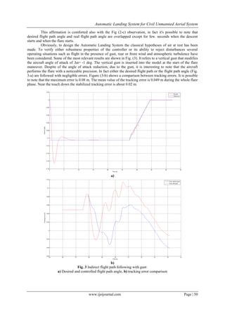 Automatic Landing System for Civil Unmanned Aerial System 
www.ijeijournal.com Page | 50 
This affirmation is comforted also with the Fig (2-c) observation, in fact it's possible to note that desired flight path angle and real flight path angle are overlapped except for few. seconds when the descent starts and when the flare starts. Obviously, to design the Automatic Landing System the classical hypotheses of air at rest has been made. To verify either robustness properties of the controller or its ability to reject disturbances several operating situations such as flight in the presence of gust, rear or front wind and atmospheric turbulence have been considered. Some of the most relevant results are shown in Fig. (3). It refers to a vertical gust that modifies the aircraft angle of attack of Δα= -1 deg. The vertical gust is inserted into the model at the start of the flare maneuver. Despite of the angle of attack reduction, due to the gust, it is interesting to note that the aircraft performs the flare with a noticeable precision. In fact either the desired flight path or the flight path angle (Fig. 3-a) are followed with negligible errors. Figure (3-b) shows a comparison between tracking errors. It is possible to note that the maximum error is 0.08 m. The mean value of the tracking error is 0.049 m during the whole flare phase. Near the touch down the stabilized tracking error is about 0.02 m. a) b) Fig. 3 Indirect flight path following with gust: a) Desired and controlled flight path angle, b) tracking error comparison  