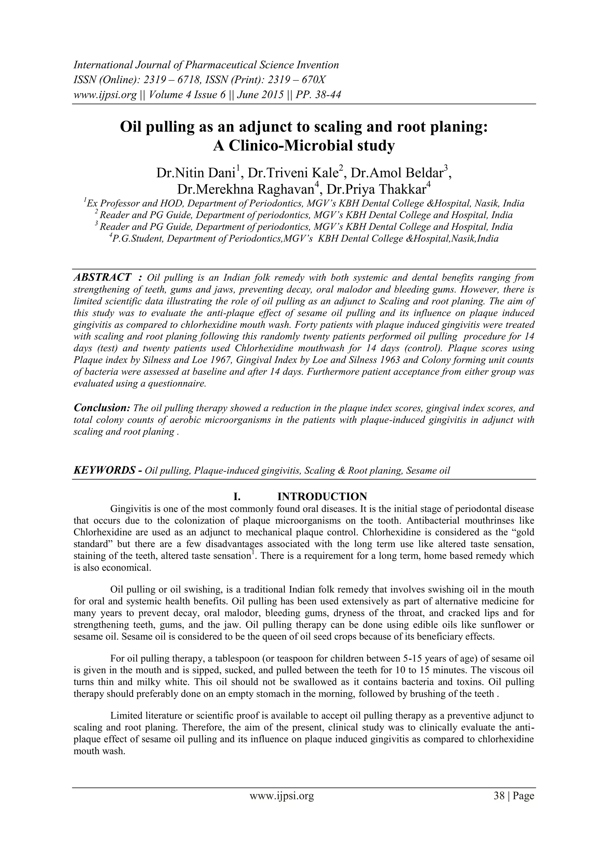 Oil pulling as an adjunct to scaling and root planing: A Clinico-Microbial study | PDF