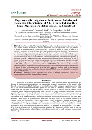 Experimental Investigation on Performance, Emission and Combustion ...