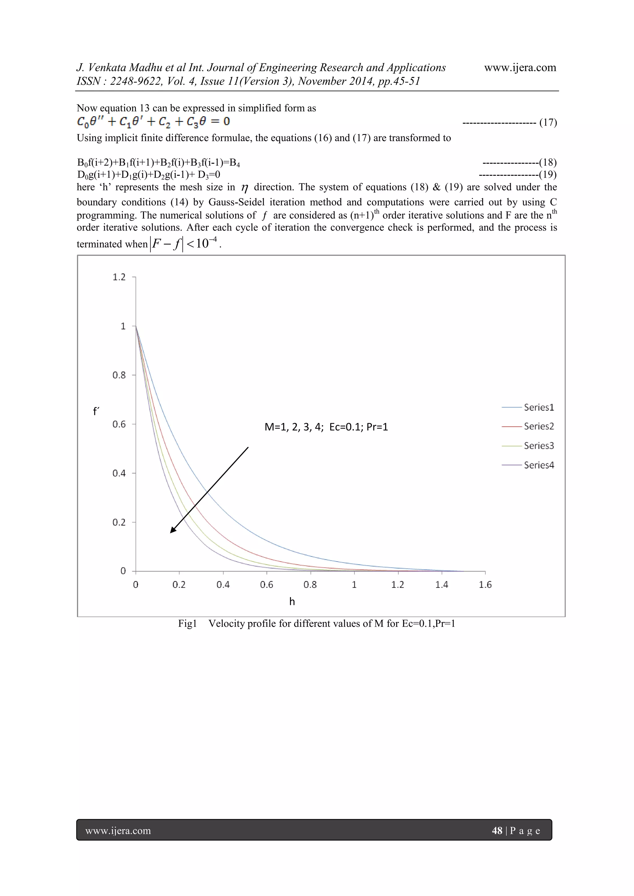 J. Venkata Madhu et al Int. Journal of Engineering Research and Applications www.ijera.com 
ISSN : 2248-9622, Vol. 4, Issue 11(Version 3), November 2014, pp.45-51 
www.ijera.com 48 | P a g e 
Now equation 13 can be expressed in simplified form as 
--------------------- (17) 
Using implicit finite difference formulae, the equations (16) and (17) are transformed to 
B0f(i+2)+B1f(i+1)+B2f(i)+B3f(i-1)=B4 ----------------(18) 
D0g(i+1)+D1g(i)+D2g(i-1)+ D3=0 -----------------(19) 
here ‘h’ represents the mesh size in  direction. The system of equations (18) & (19) are solved under the 
boundary conditions (14) by Gauss-Seidel iteration method and computations were carried out by using C 
programming. The numerical solutions of  are considered as (n+1)th order iterative solutions and F are the nth 
order iterative solutions. After each cycle of iteration the convergence check is performed, and the process is 
terminated when 
F  f 104 . 
Fig1 Velocity profile for different values of M for Ec=0.1,Pr=1 
M=1, 2, 3, 4; Ec=0.1; Pr=1 
f´ 
h 
 