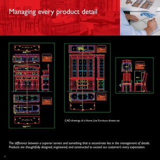 10
Managing every product detail
The difference between a superior service and something that is second-rate lies in the management of details.
Products are thoughtfully designed, engineered, and constructed to exceed our customer’s every expectation.
CAD drawings of a Home Line Furniture dinette set
 