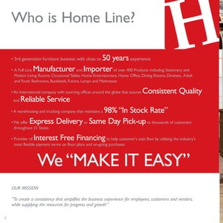 2
Who is Home Line?
OUR MISSION
“To create a consistency that simplifies the business experience for employees, customers and vendors,
while supplying the resources for progress and growth”
• 3rd generation furniture business with close to 50 yearsexperience
• A Full Line Manufacturerand Importerof over 400 Products including: Stationary and
Motion Living Rooms, OccasionalTables, Home Entertainment, Home Office, Dining Rooms, Dinettes, Adult
andYouth Bedrooms, Bunkbeds, Futons, Lamps and Mattresses
• An International company with sourcing offices around the globe that assures Consistent Quality
and Reliable Service
•A warehousing and trucking company that maintains a 98% “In Stock Rate”
•We offer Express Deliveryor Same Day Pick-upto thousands of customers
throughout 31 States
• Provider of Interest Free Financingto help customer's cash flow by utilizing the industry's
most flexible payment terms on floor plans and on-going purchases
We “MAKE IT EASY”
 