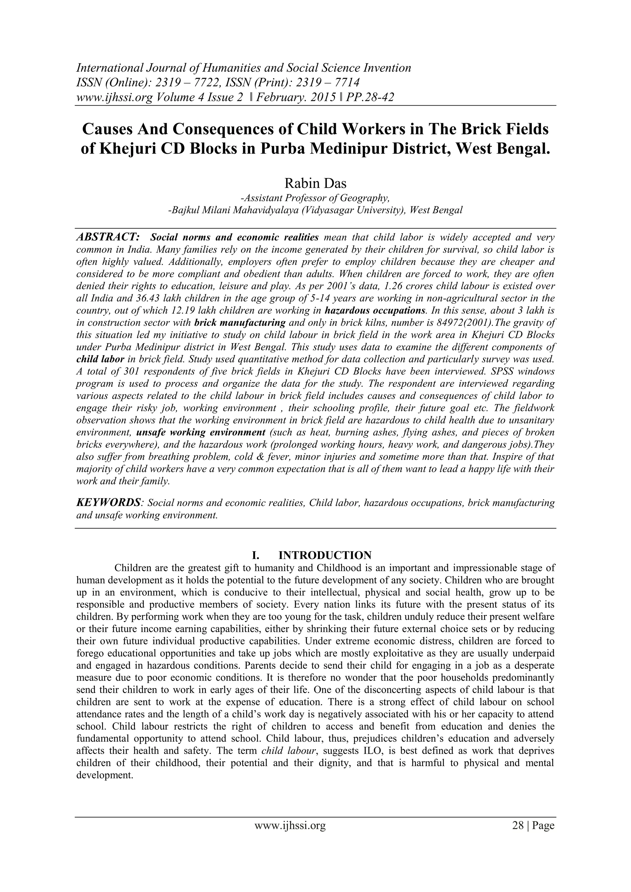 Causes And Consequences of Child Workers in The Brick Fields of Khejuri