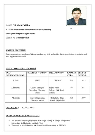 NAME: PURNIMA PARIDA
B.TECH :Electronics & Telecommunication Engineering
Email: purnima3parida@gmail.com
Contact No : +917022958525
CAREER OBJECTIVE:
To secure a position where I can efficiently contribute my skills and abilities for the growth of the organization and
build my professional career.
EDUCATIONAL QUALIFICATION
EXAM
PASSED/APPEARING
BOARD/UNIVERSITY ORGANISATION %MARKS
/CGPA
YEAR OF
PASSING
B.Tech BPUT DRIEMS 7.19 2015
AISSE(XII) Council of Higher
Secondary Education,
Orissa
Sophia Junior
College, Link Road,
Cuttack
60 2011
AISSE(X) Board of Secondary
Education ,Orissa
Binjhabahal High
School, Binjhabahal
56.6 2009
LANGUAGES : C,C++,ASP.NET
EXTRA CURRIRULAR ACTIVITIES :
 2nd position with my group mates in Collage Making in college competitions.
 3rd position in Electronics Aptitude Test.
 Voluntary in blood donation and donate blood in the camp at DRIEMS.
 